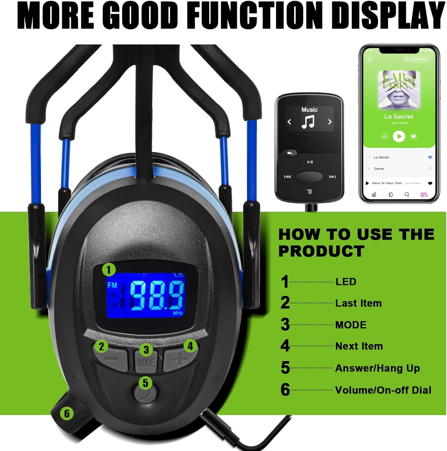 GARDTECH Cuffie antirumore Bluetooth antirumore con radio wireless MP3 FM paraorecchie di sicurezza con display LCD 4 GB SD Card per adulti per giardino lavorazione del legno nero e blu