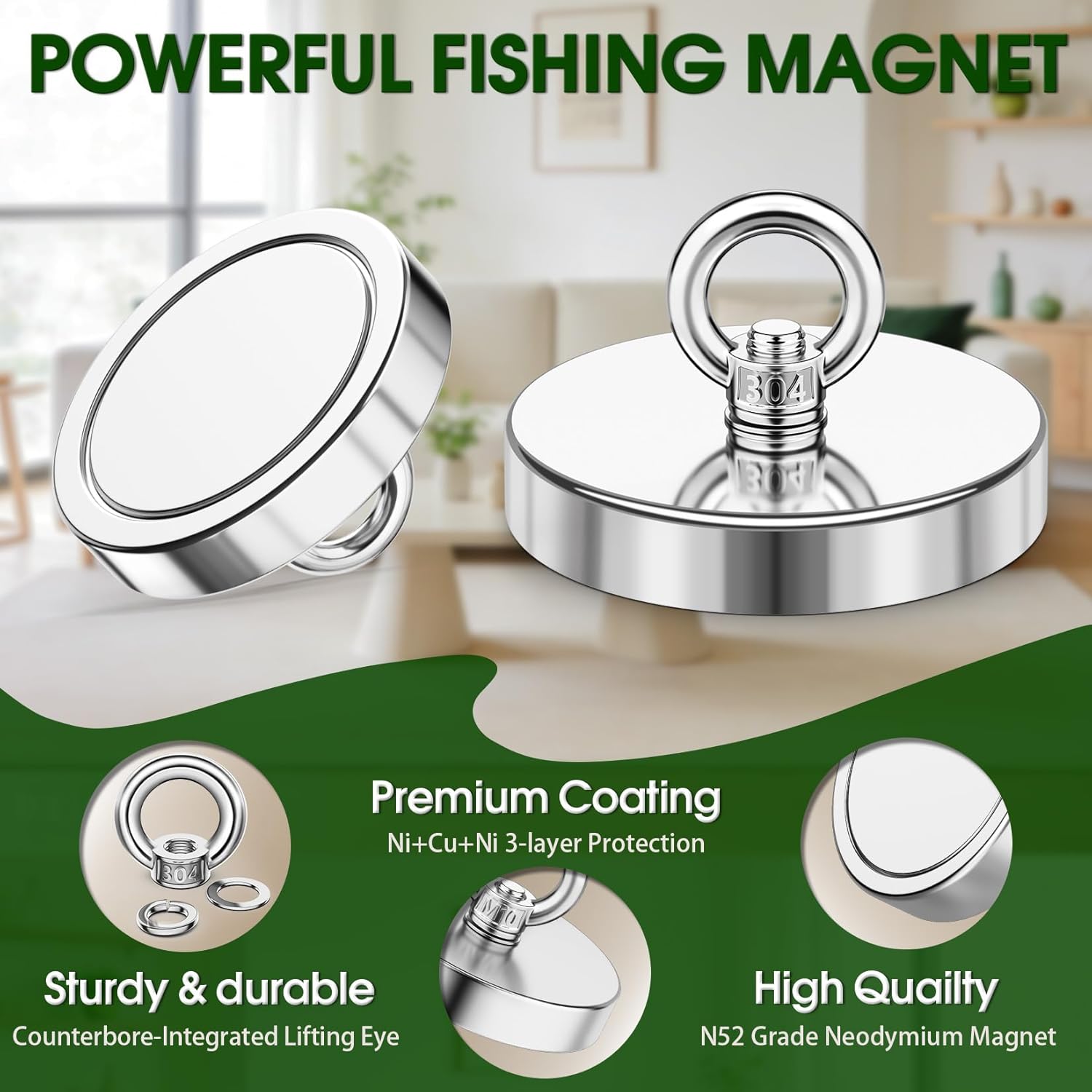 Neodymium Fishing Magnet, 1500 lbs Strong Magnet Fishing, Magnetic Fishing Magnets, Rare Earth Magnet with Countersunk Hole Eyebolt for Retrieving Items in Lake, Beach, Lawn 4.7’’(120mm)