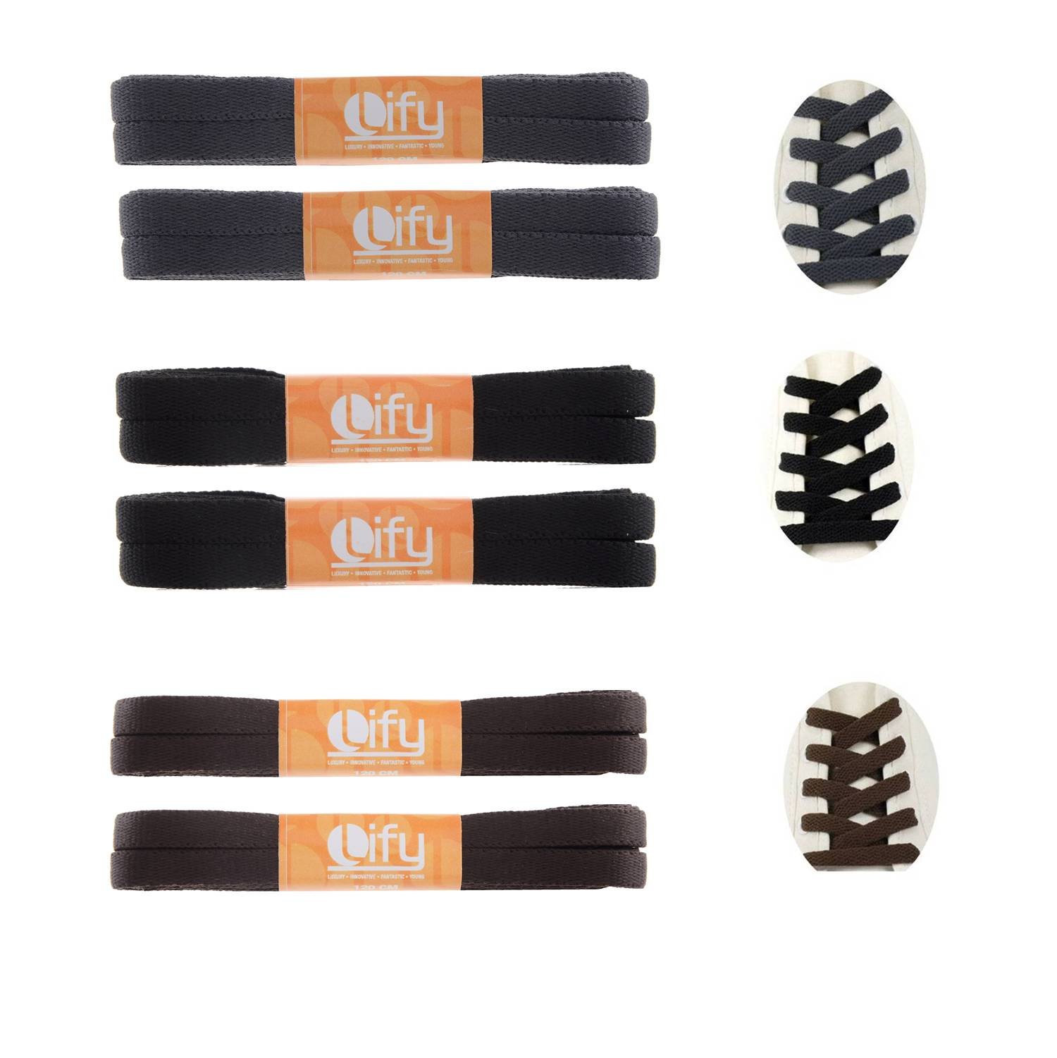 Lify Flat Shoelaces - 8MM (5/16" Inch) Wide - Shoe Laces For All types of Shoes & Sneakers-Black (2 Pair), Grey (2 Pair) & Chocolate (2 Pair) - Available in 90CM ( 35.43 Inch) & (120CM ( 47.25 Inch)- 6 Pair Pack (B07CQ82KQW) Amazon Price History, Amazon Price Tracker
