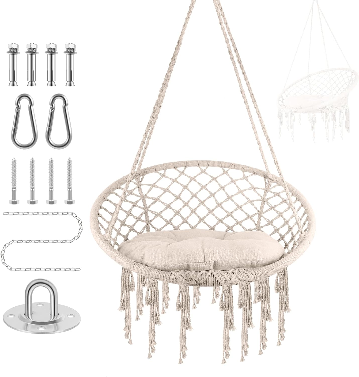 Hammock Chair - Hanging Chair for Bedroom - Hanging Cotton Rope Hammock Swing Chair - for Bedroom, Patio, Deck, Garden and Porch
