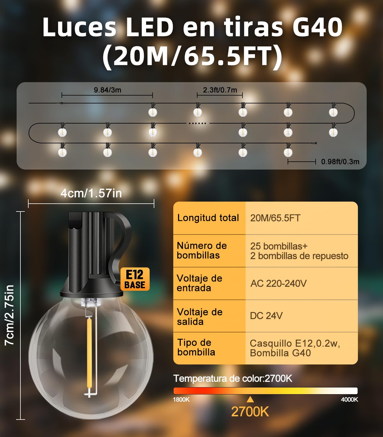 Guirnaldas Luces Exterior Jardin LED 20M 65ft G40 Bombillas LED Cadena de Luz Guirnaldas Luminosas Exteriores IP44 Impermeable Outdoor Girnaldas Garden para Patio Fiesta Terraza