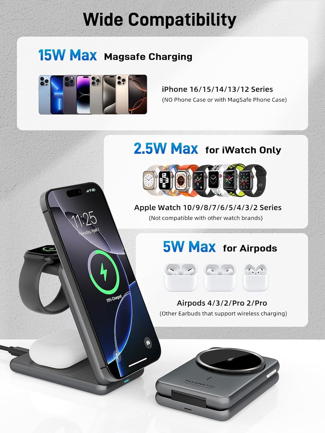 Wireless Charger for iPhone, 3 in 1 Mag-Safe Charger for iPhone 17/16/15 Series, Airpods Pro 2, iWatch Series 10/9/8/7, Foldable Charging Station for Apple Multiple Devices