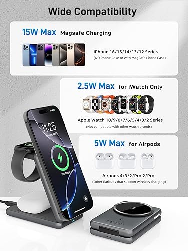 Miniatura 2 de Cargador inalámbrico para Apple, cargador MagSafe 3 en 1, cargador magnético plegable para iPhone 17161514, Airpods Pro 2, iWatch Series 10987,