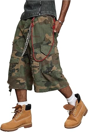 WDIRARA Mens Camo Cargo Denim Baggy Jorts Capri Jeans Shorts Wide Leg
