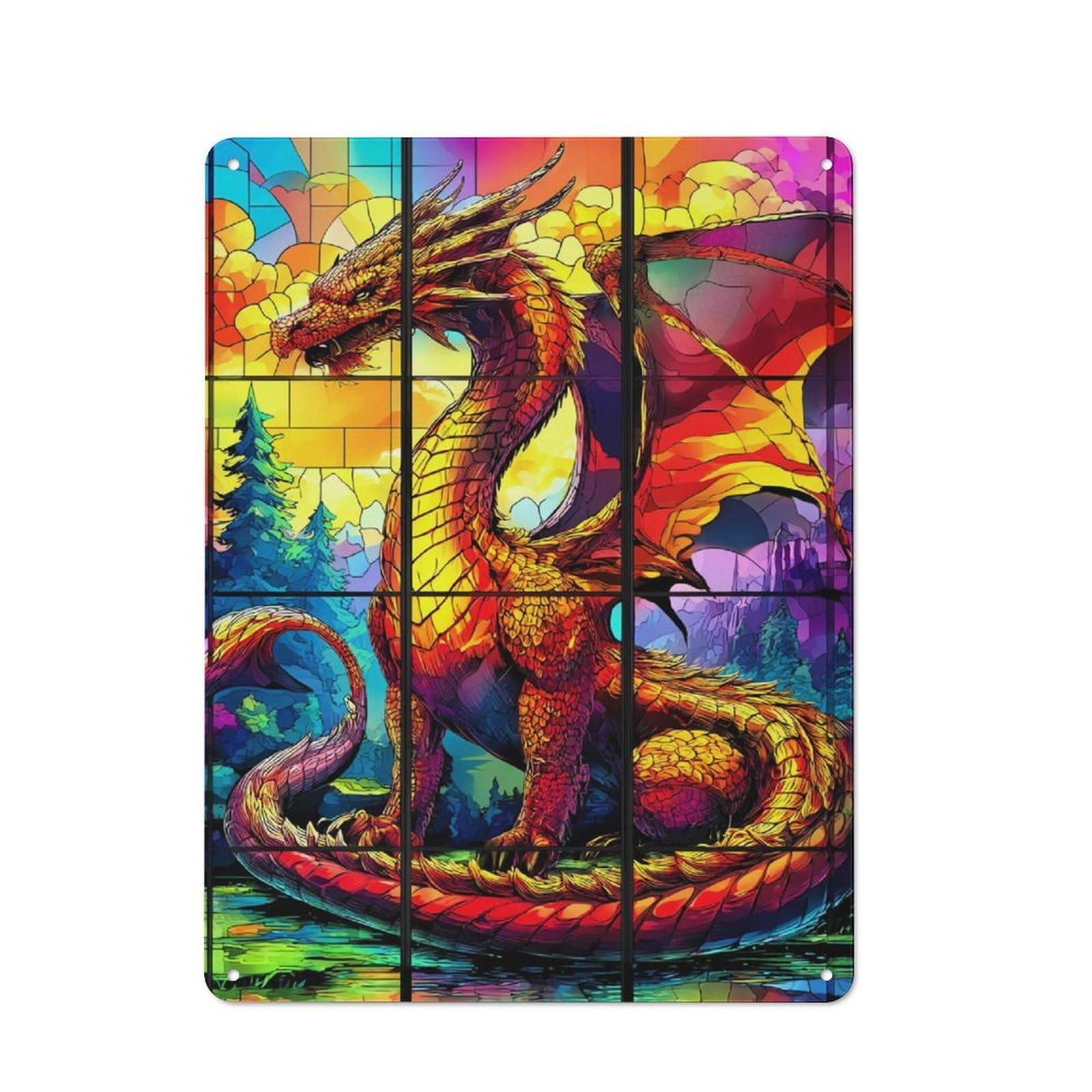 Junmoney Stained Glass Dragon Majesty -5 Cottage Style Metal Wall Decor 40X30cm, Farmhouse Metal Sign For Kitchen, Cottage, Porch Or Garden Room