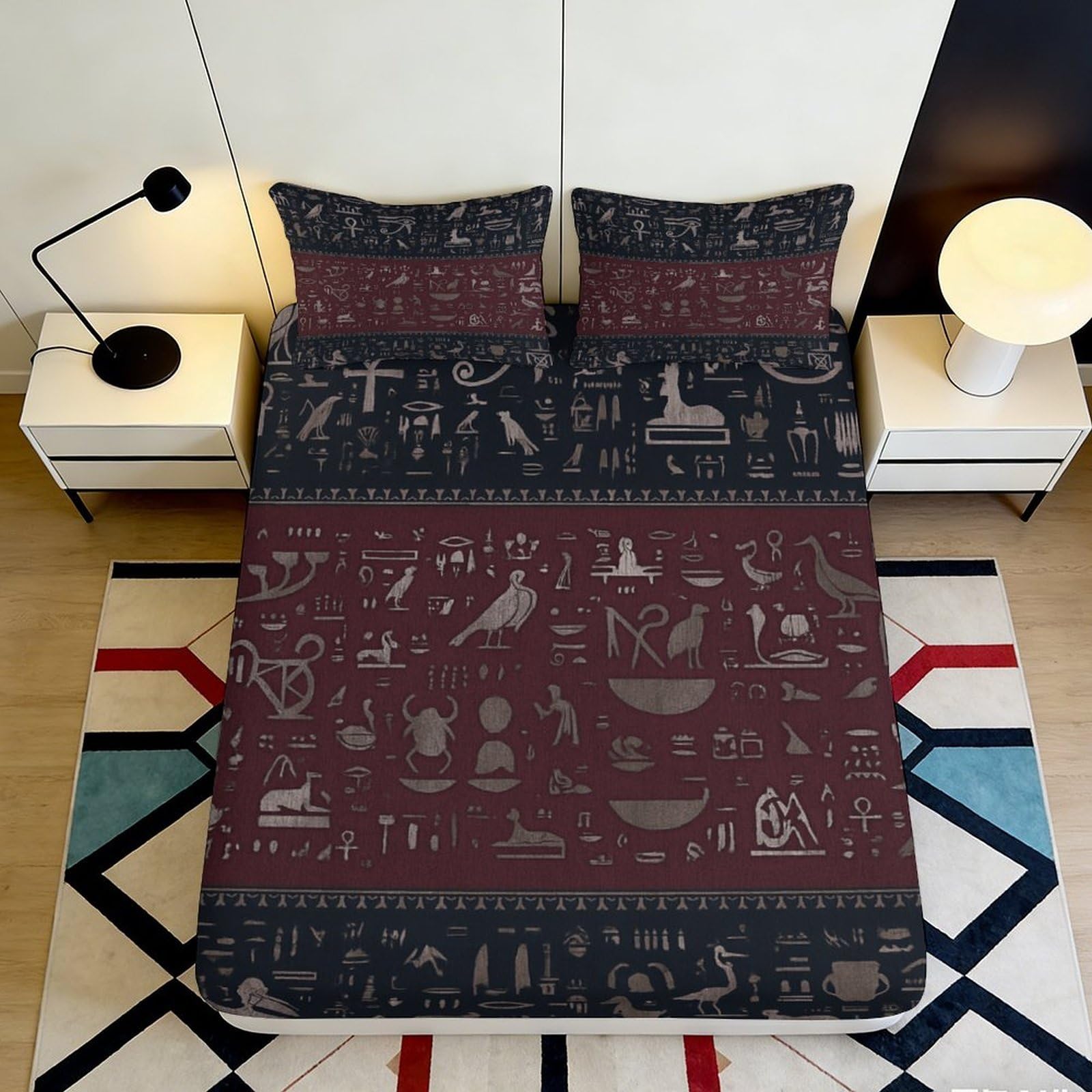 3D Printed Egyptian Hieroglyphs Fitted Sheet Microfiber Soft Breathable Ancient Symbols Mattress Cover for Bedroom Decor 90x200x25cm