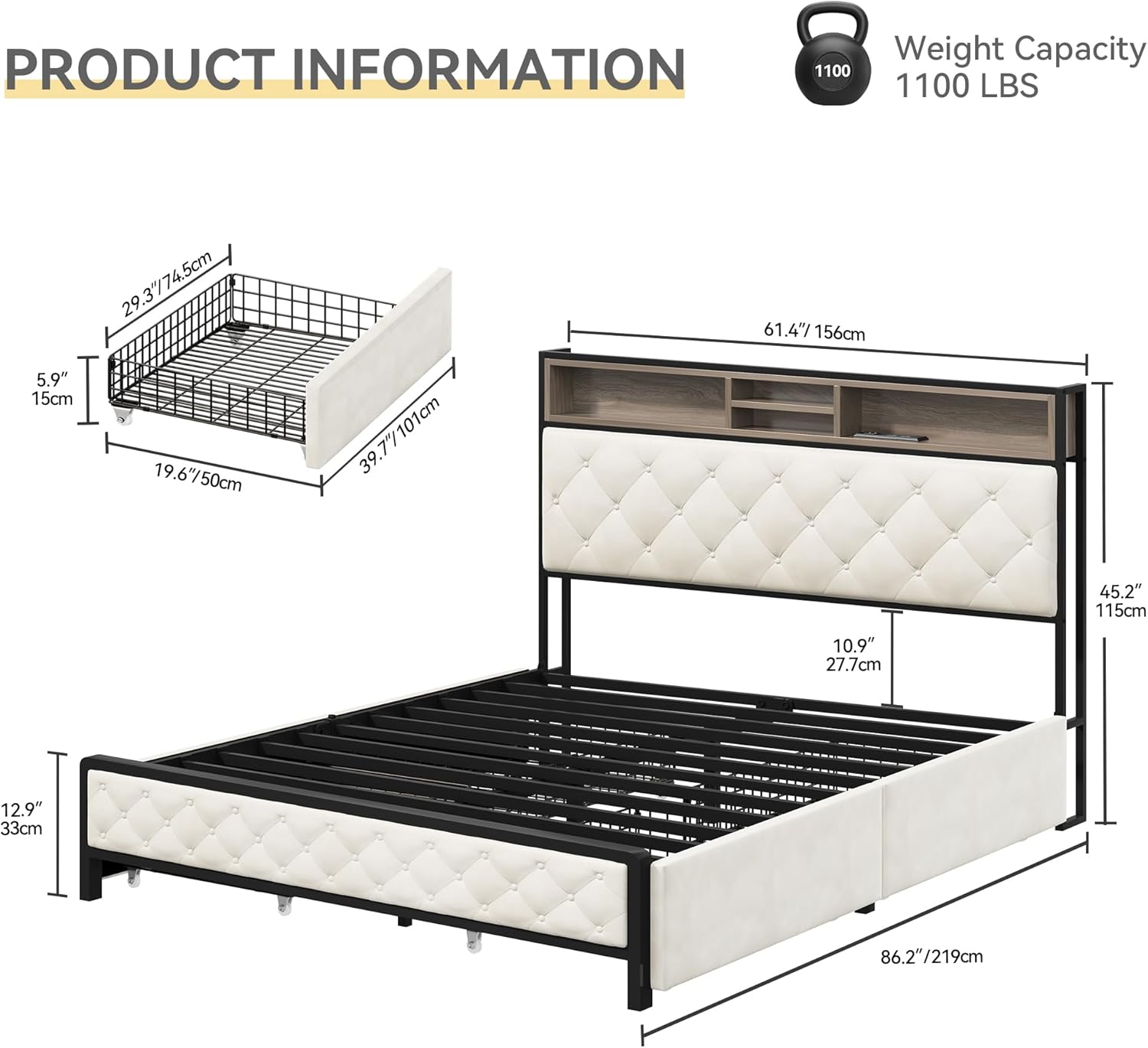 Product dimensions and weight capacity diagram