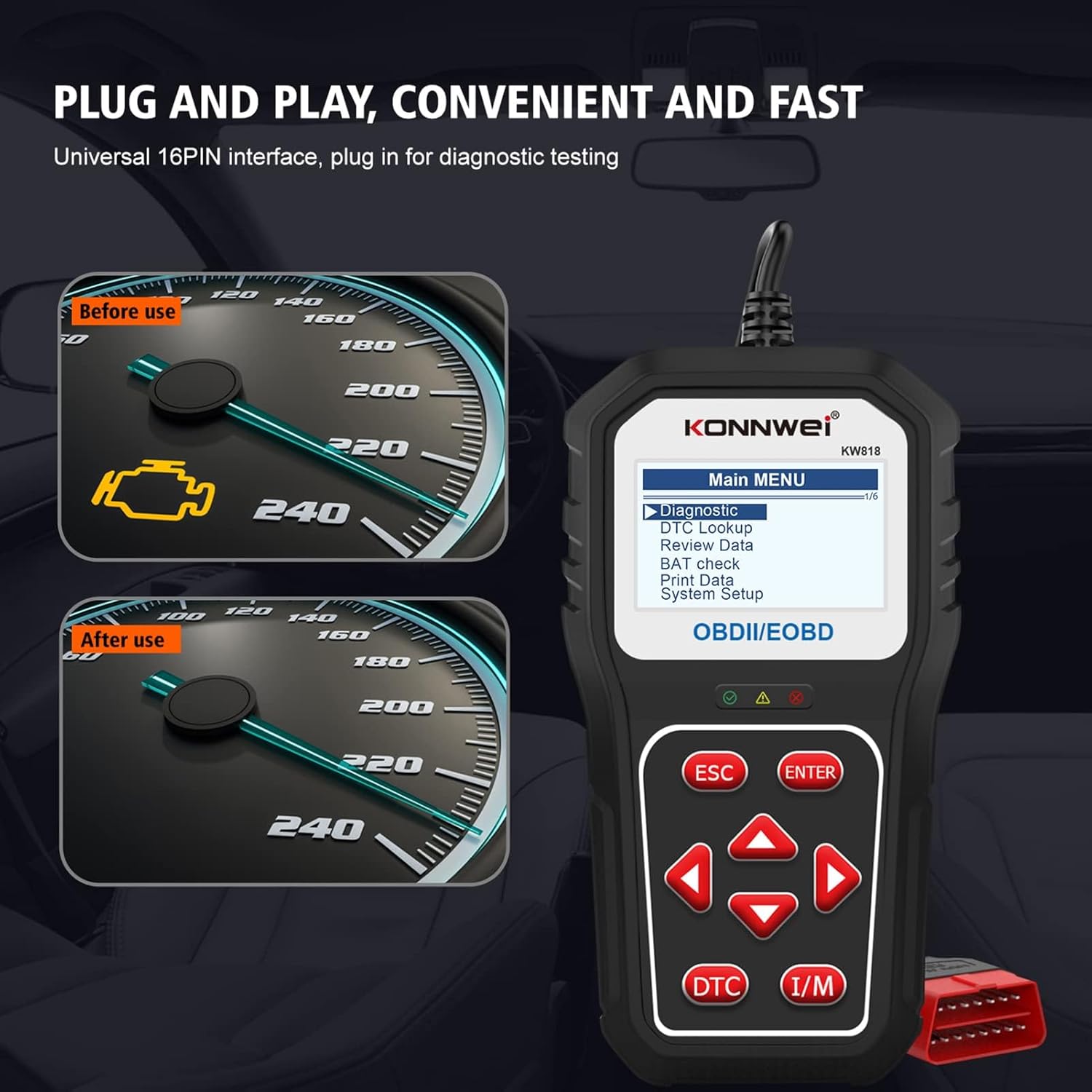 KONNWEI KW818 connected to vehicle, showing before and after check engine light status