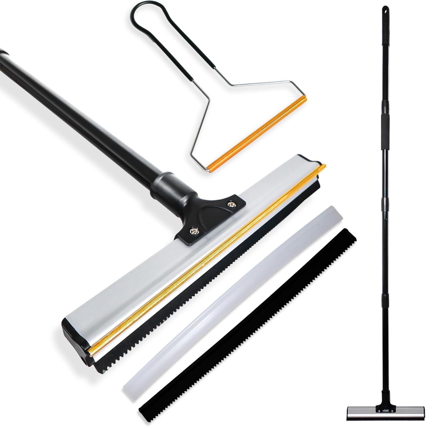 Dual-Edge Pet Hair Carpet Rake and Scraper – Pet Hair Removal with 157cm Adjustable Handle, Swappable Squeegee and Tooth Edge – Dog and Cat Hair Remover Tool for Low Pile Carpets and Rugs