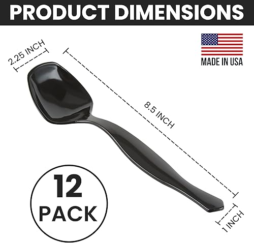 Miniatura 3 de Cucharas de plástico negro de 8.5 pulgadas para bufé, 12 unidades a granel, cuchara desechable resistente, utensilios de plástico grandes para