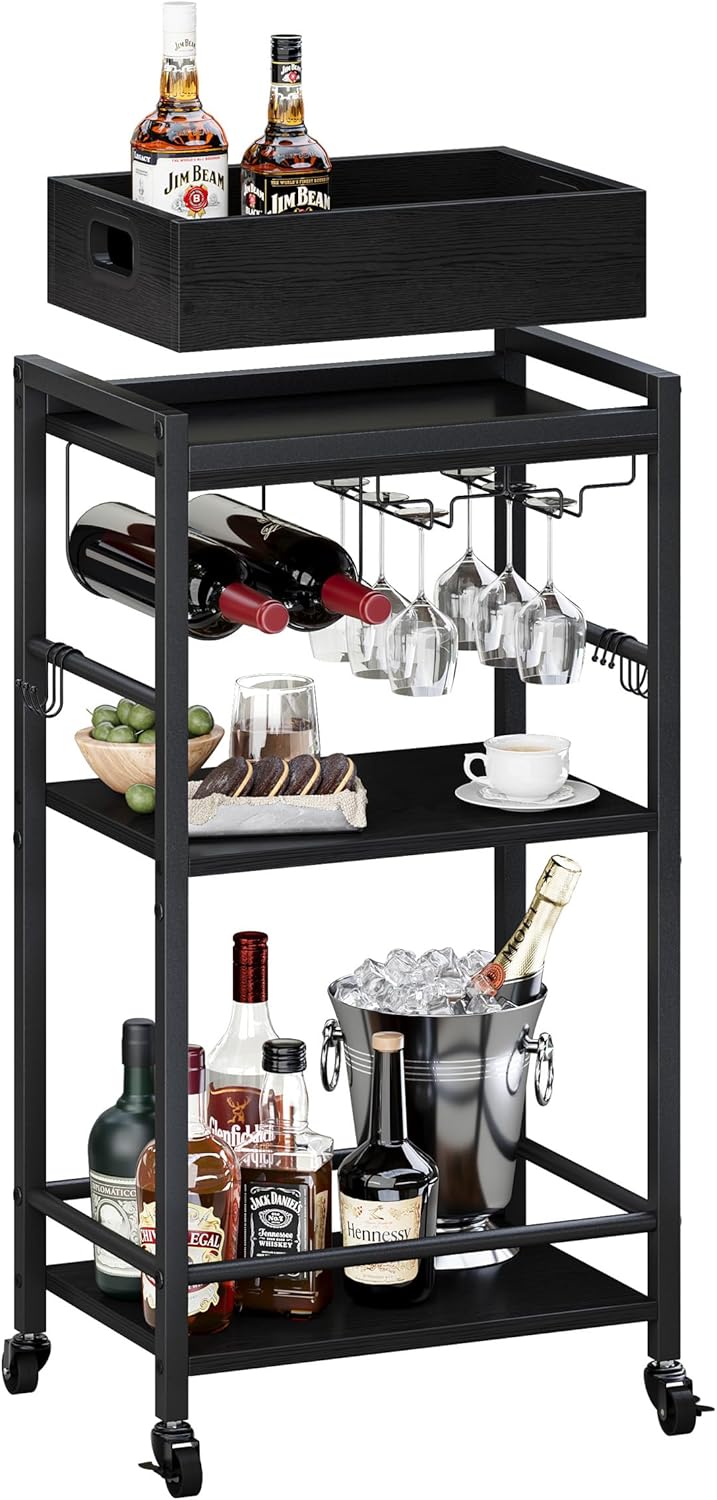3-Tier Bar Cart with Removable Tray, Small Bar Carts with Wheels, Rolling Beverage Cart, Drink Cart, Black Wine Cart with Wine Rack for Kitchen, Living Room (Black) GBC513B