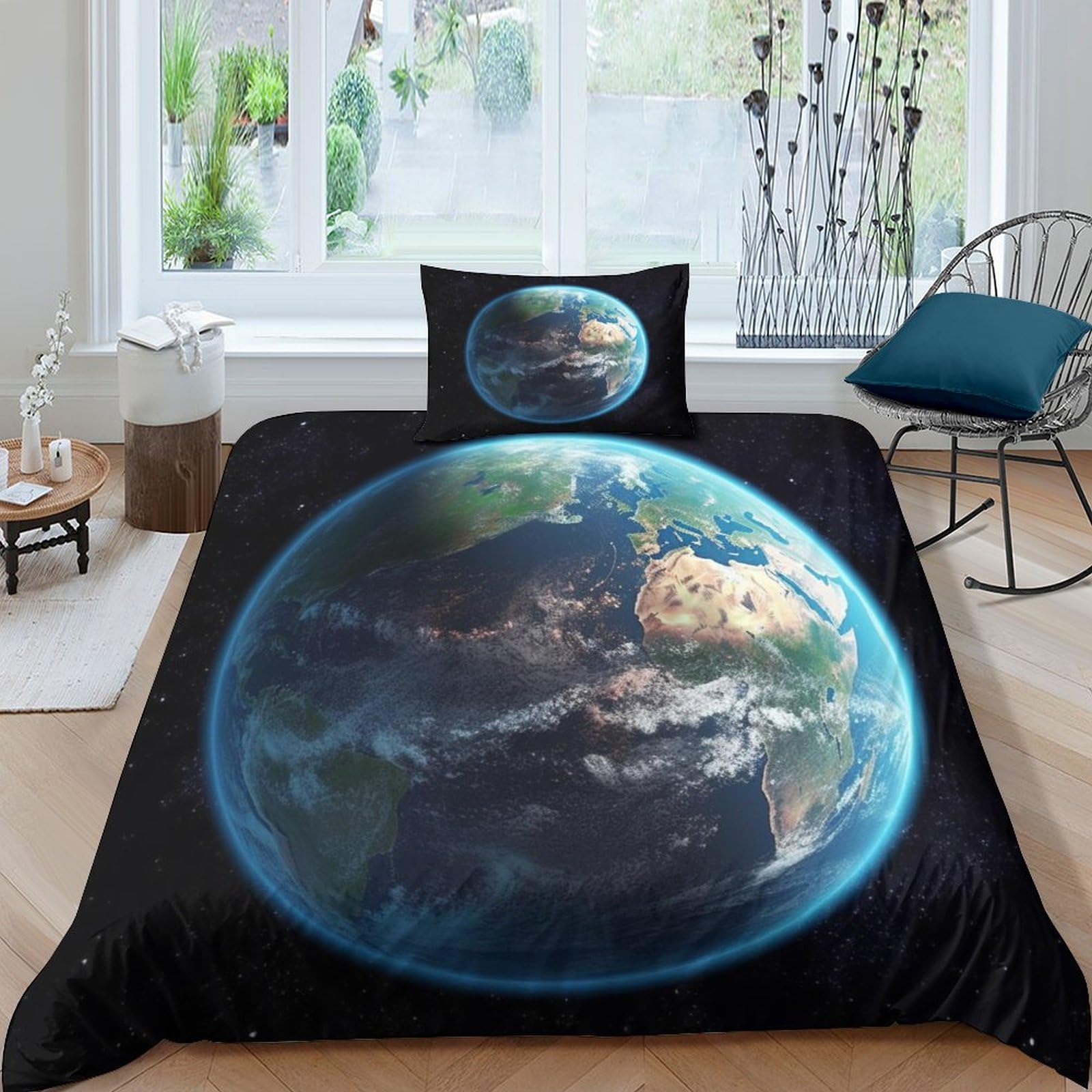 Crjus Style-1 Earth 3D Printed Duvet Cover With Pillowcases Space Theme Bedding Set With Zipper Closure Hypoallergenic Soft Microfiber Quilt Cover Set Single（135X200cm）