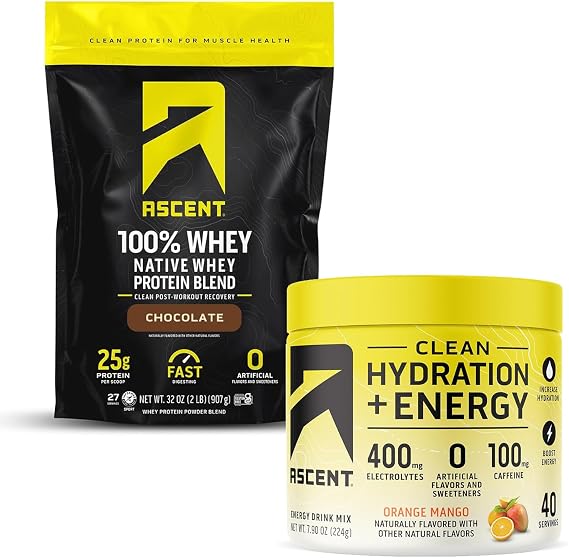 Ascent 100% Whey Protein Powder, Chocolate 2 lb & Hydration + Energy Electrolytes, Orange Mango 40 Servings