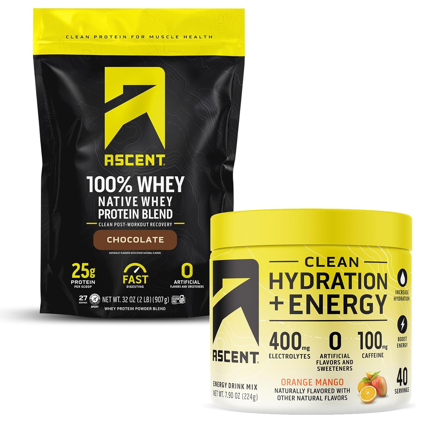 Ascent 100% Whey Protein Powder, Chocolate 2 lb & Hydration + Energy Electrolytes, Orange Mango 40 Servings