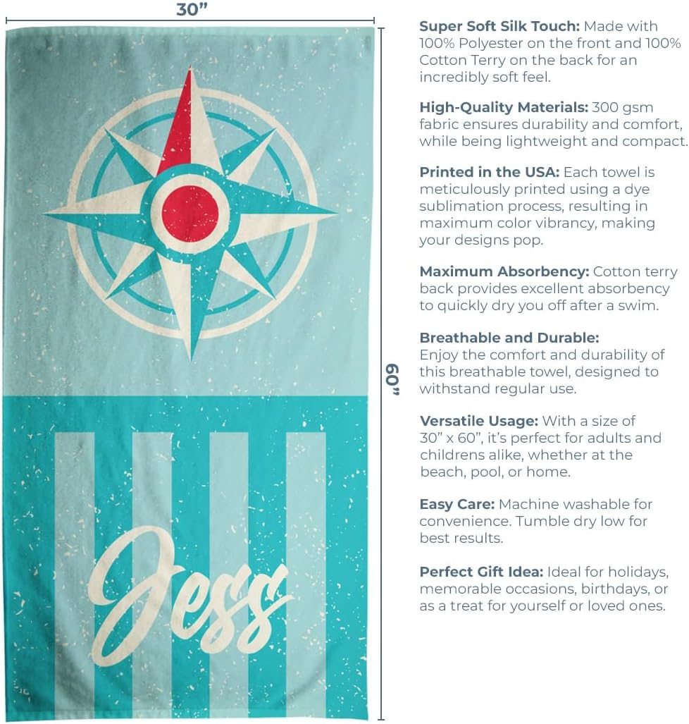 Personalized Kids Beach Towel – Custom Name Towels for Boys & Girls – Super Soft Silk Touch, Great for Pool, Beach or Vacation; Teal Compass, Large 30"x60", 1-Sided Printing, Printed in The USA
