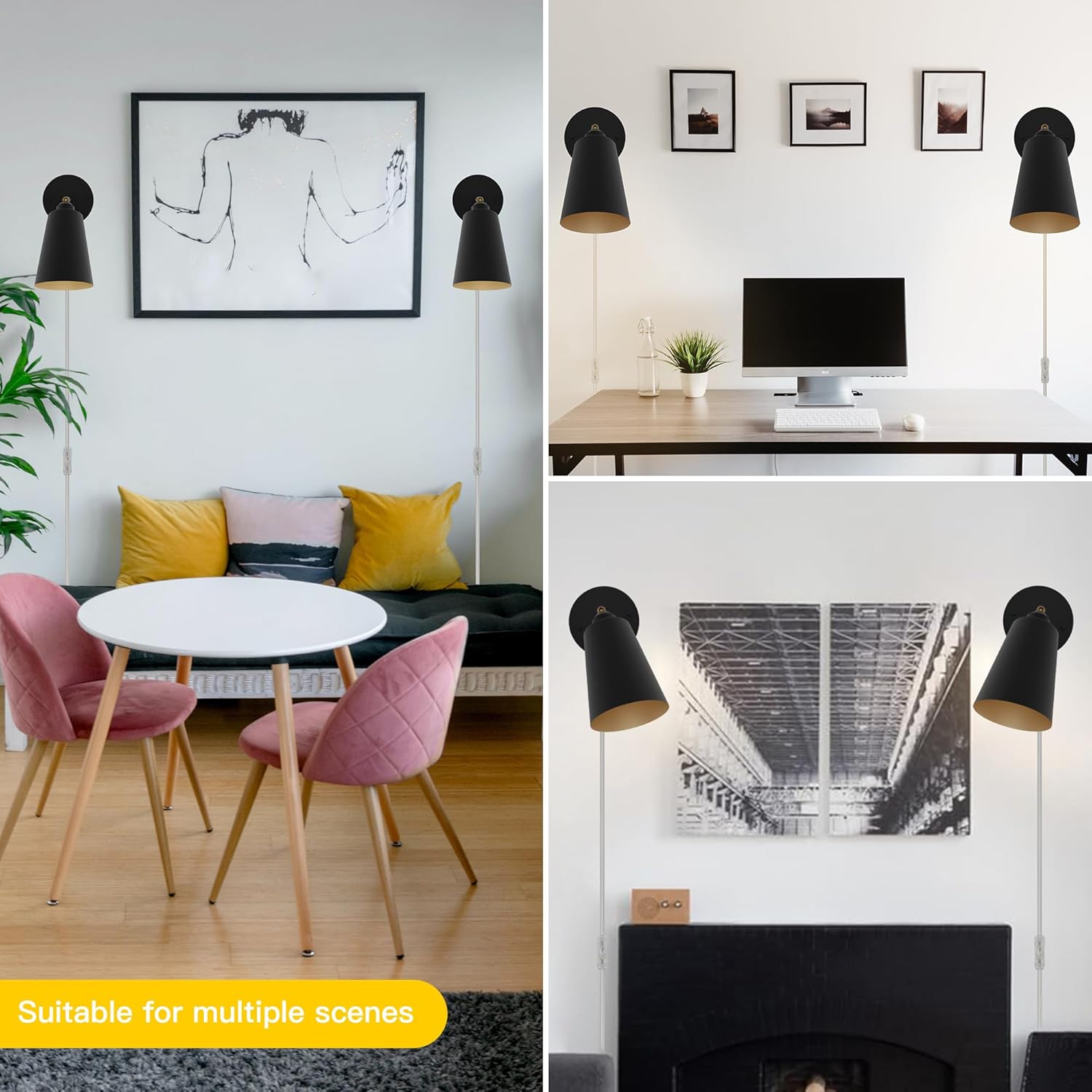 Plug in Wall Sconces,Adjustable Angle Black Wall Sconces,Wall Lights with Plug in Cord and On/Off Switch, Wall Mounted Light for Bedroom Bedside Stairway(Pack of 2)