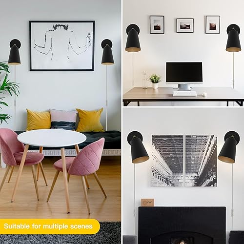 Miniatura 6 de Apliques de pared enchufables, apliques de pared negros de ángulo ajustable, luces de pared con cable de enchufe e interruptor de encendidoapagado,