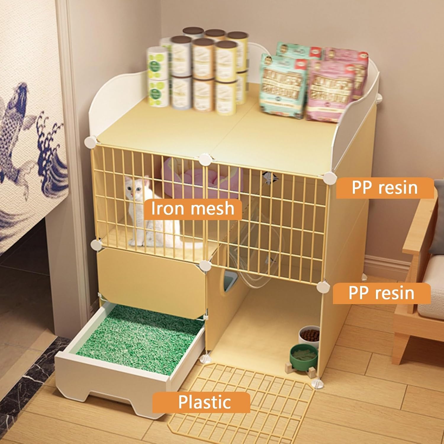 Cat Cage, Cat Playpen, Large Cat Enclosures, with Higher Fence Storage, Indoor Pet Playpen Detachable, DIY Cat House, Space-saving, Yellow, 15.3 Inches Wide(43.7x15.3x33.4in)