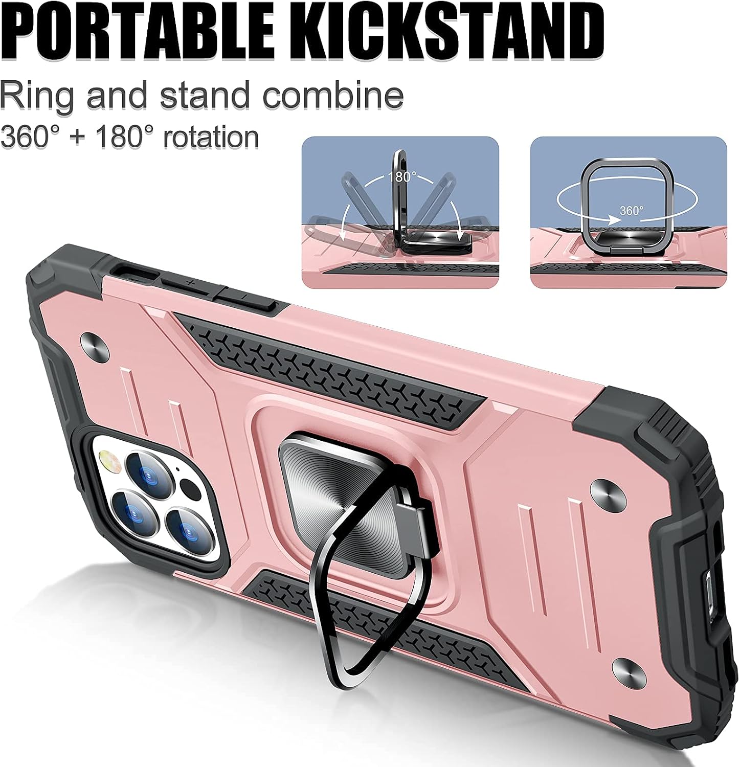 JAME Case for iPhone 12 Pro Case, for iPhone 12 Case with [Tempered-Glass Screen Protector 2PCS], Military Grade Protection, with Ring Kickstand, Protective Case for iPhone 12/12 Pro 6.1” Rose-Gold