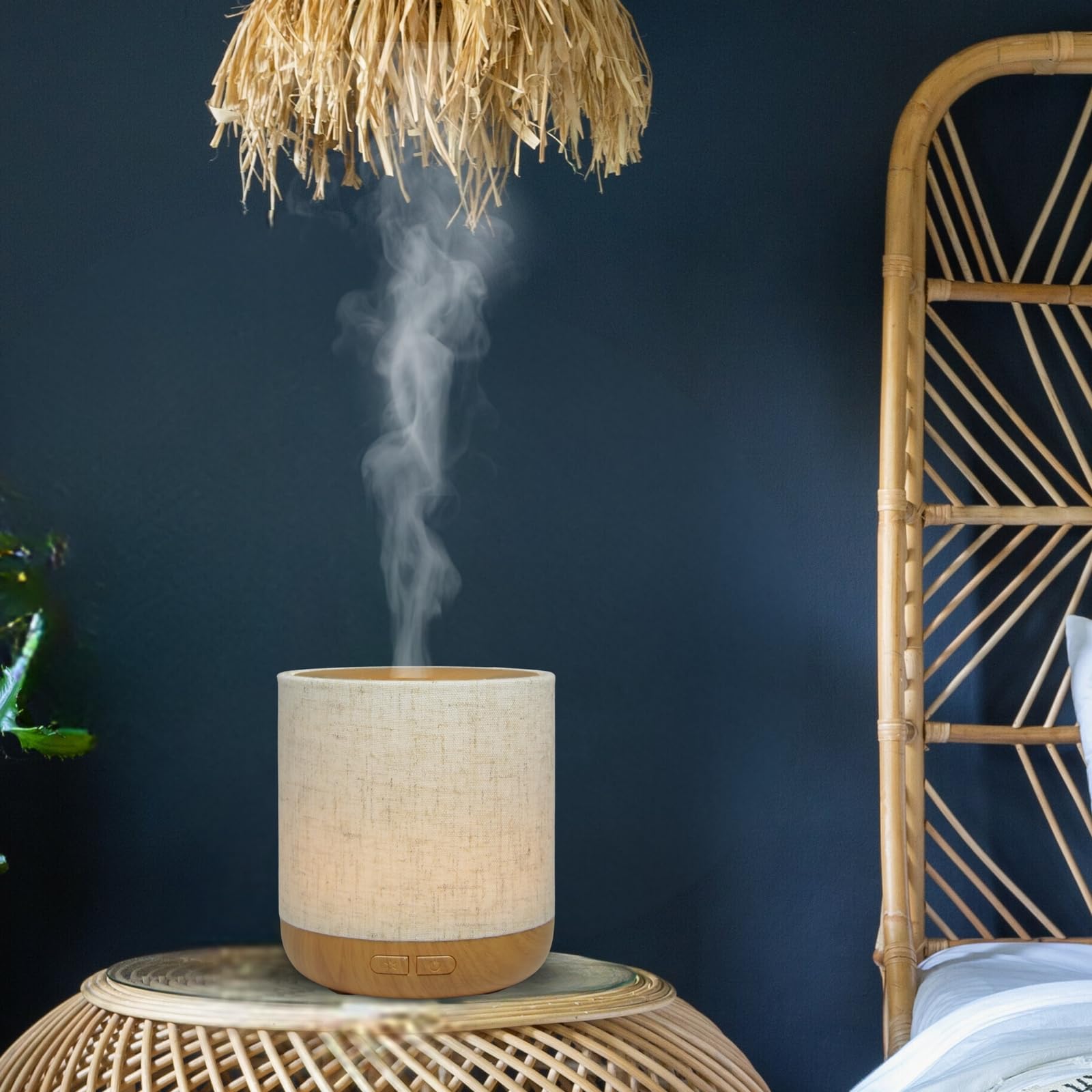 Zen'Aroma Difusor ultrasónico Alesia - Difusión de Aceite Esencial en frío Aromaterapia - Diseño Original, Carcasa de Lona de Lino y Revestimiento de Color Madera - difusión + iluminación