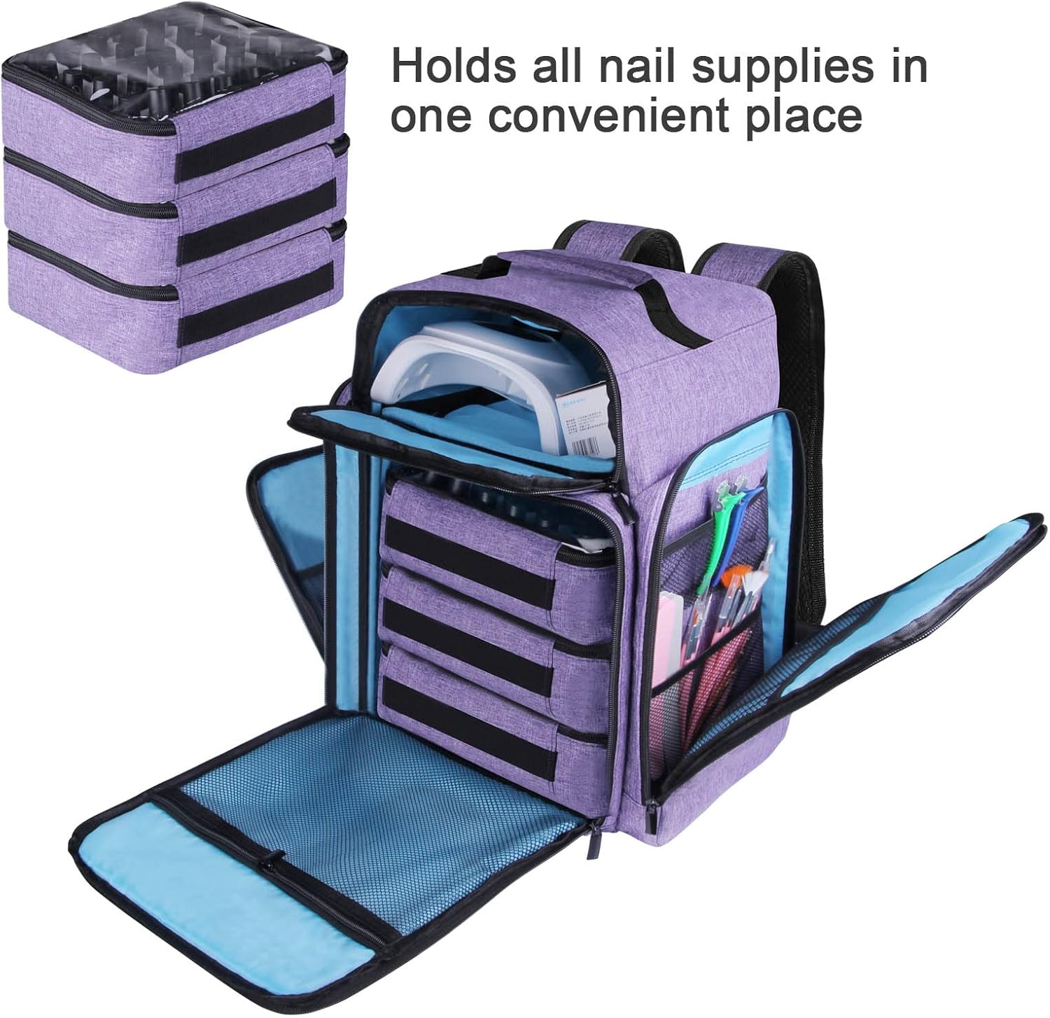 Nail Polish Organizer Backpack Holds 108 Bottles(15ml - 0.5 fl.oz) and a Nail Lamp, with 3 Removable Storage bag for Nail Tech(Purple)