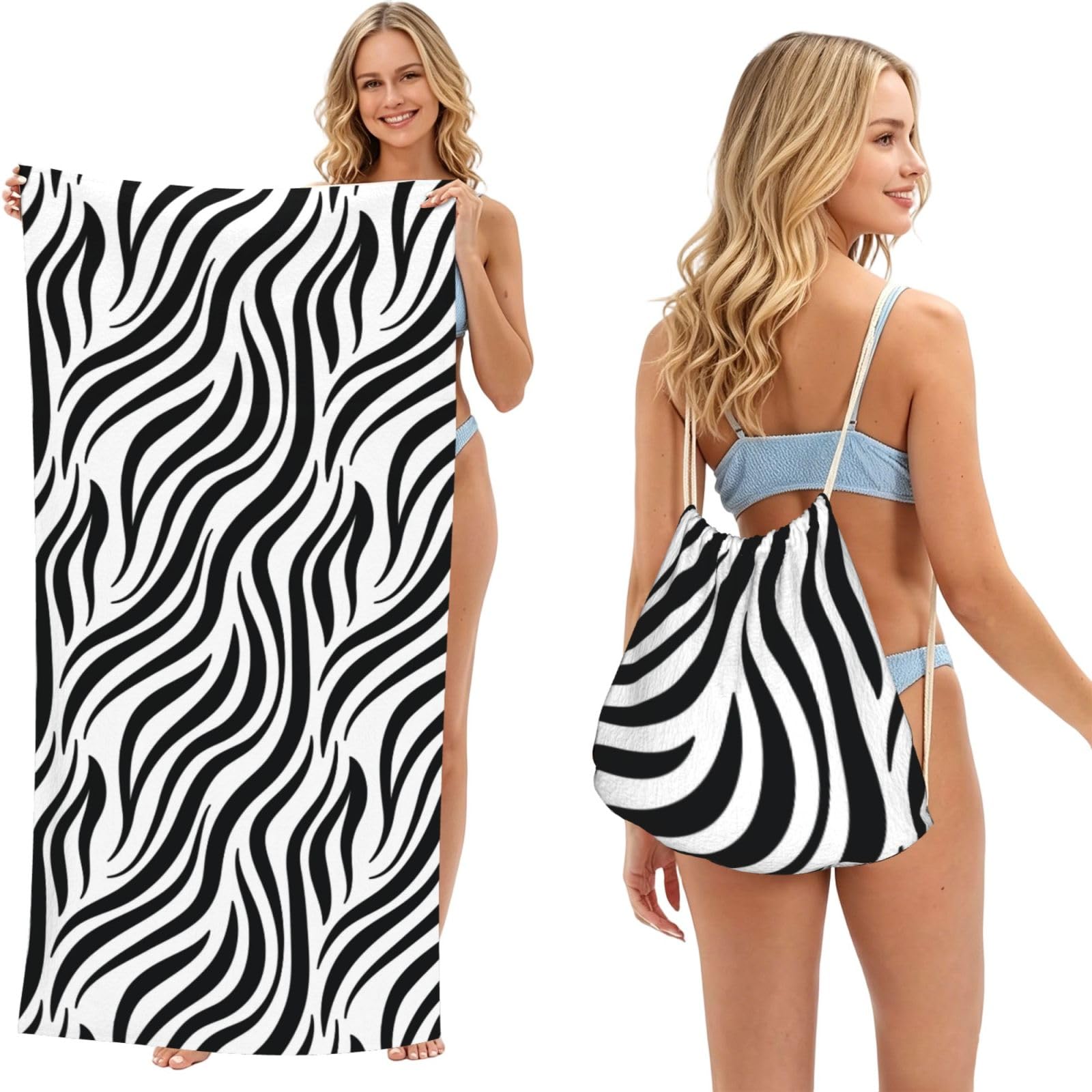 Poadnly Zebra, 2 in 1 Packable Towel Bag, Beach Towels with Drawstring Backpack for Travel Holiday Camping