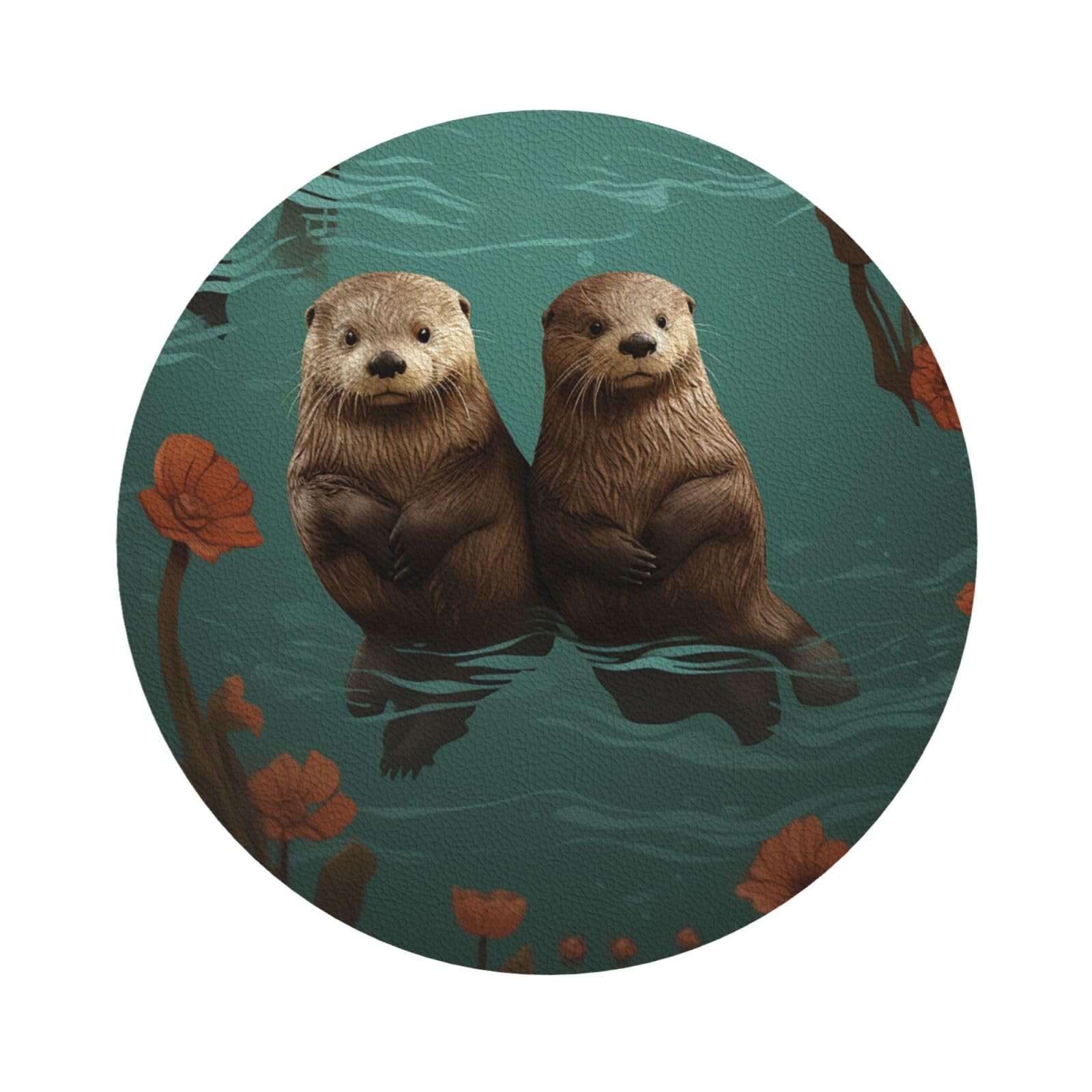Fodpand Round Shape Otters In Love Drink Coasters Set Of 4, Heat Resistant Leather Coasters Fuuny Bar Beer Beverage Coaster For Drinks, Absorbent Cup Mat For Tabletop Protection, Housewarming Gift