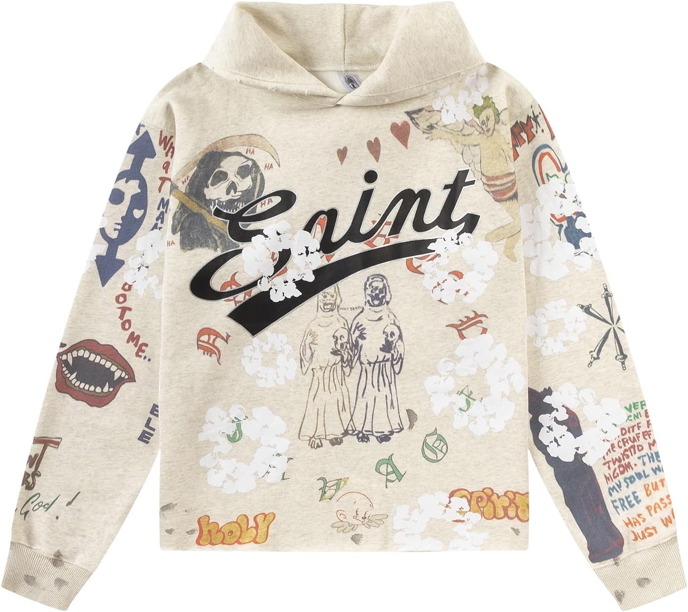 ArnodefranceMen Vintage Saint Graphic Hoodie Apricot