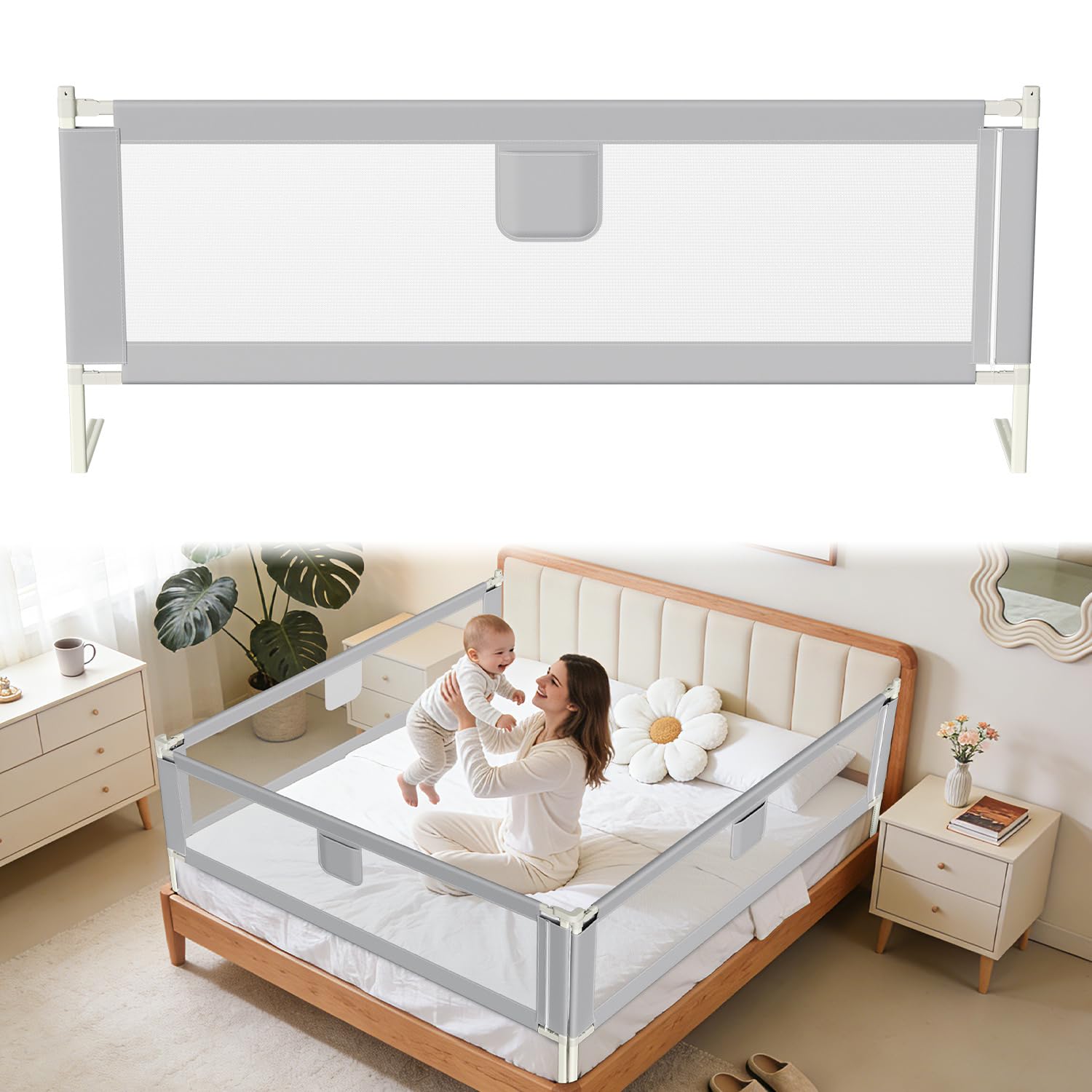 Tubiaz 200CM Barriera per letto, Barriera pieghevole per letto per bambini, Protezione per letto per bambini per prevenire le cadute, Barriera per bambini piccoli, Facile da montare, Grigio