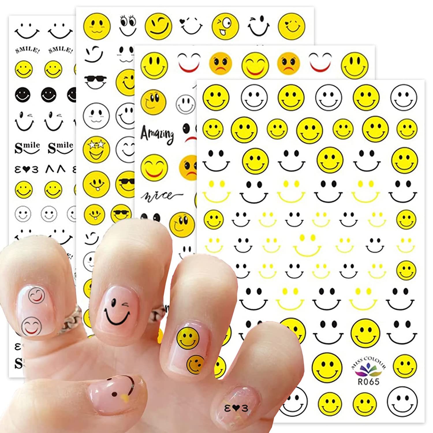 SYOSI Smile Face Nail Art Stickers, Self Adhesive Cute Yellow Smile Happy Lucky Design, Nail Decoration Kids Grift, 6 Sheets