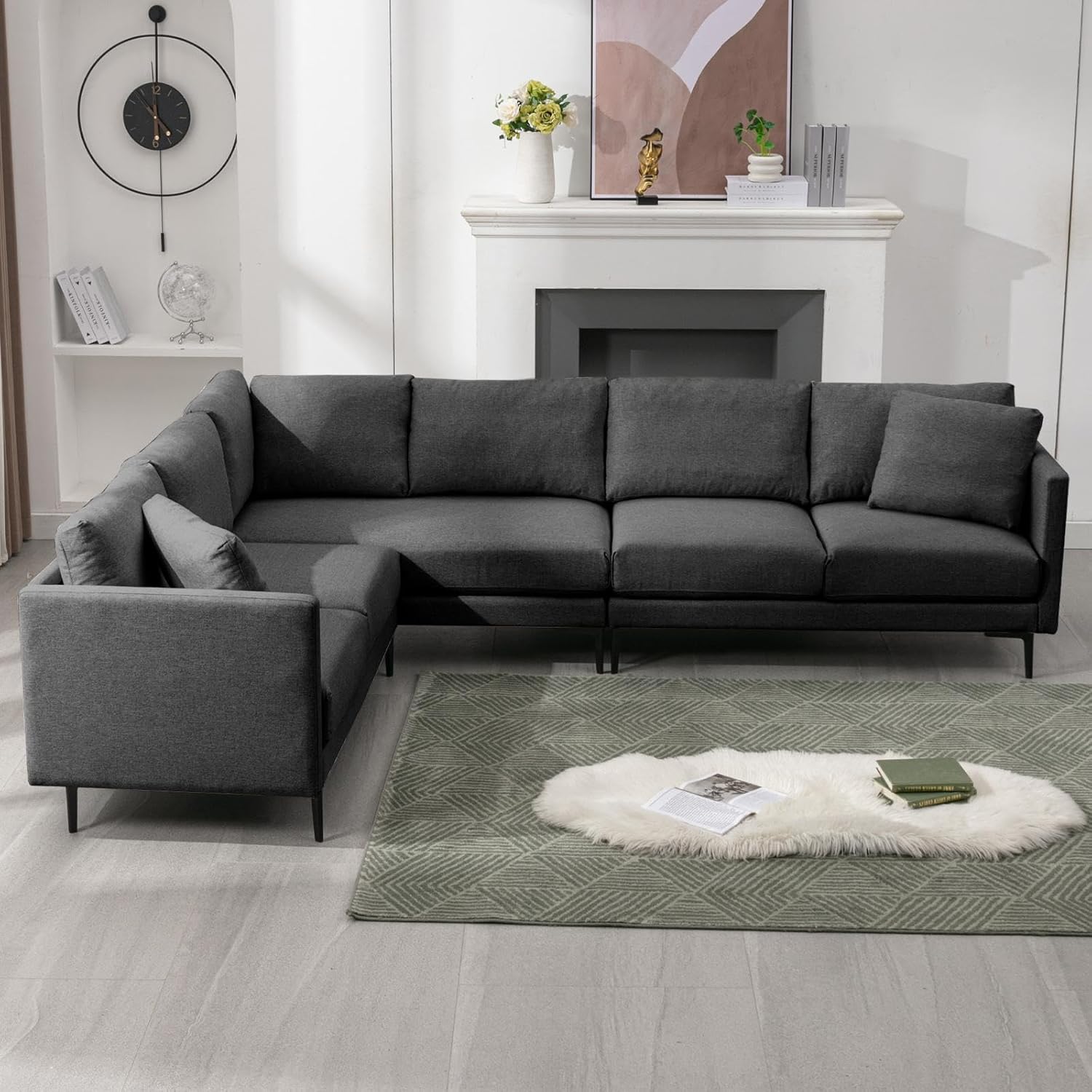 BALUS 5 Seater L Shaped Sectional Sofa for Living Room, 107" W Oversized Corner Sofa Couch Set with 2 Pillows, Upholstered Linen Sofas with Solid Wood Base and Metal Legs, Easy Assembly - Dark Grey