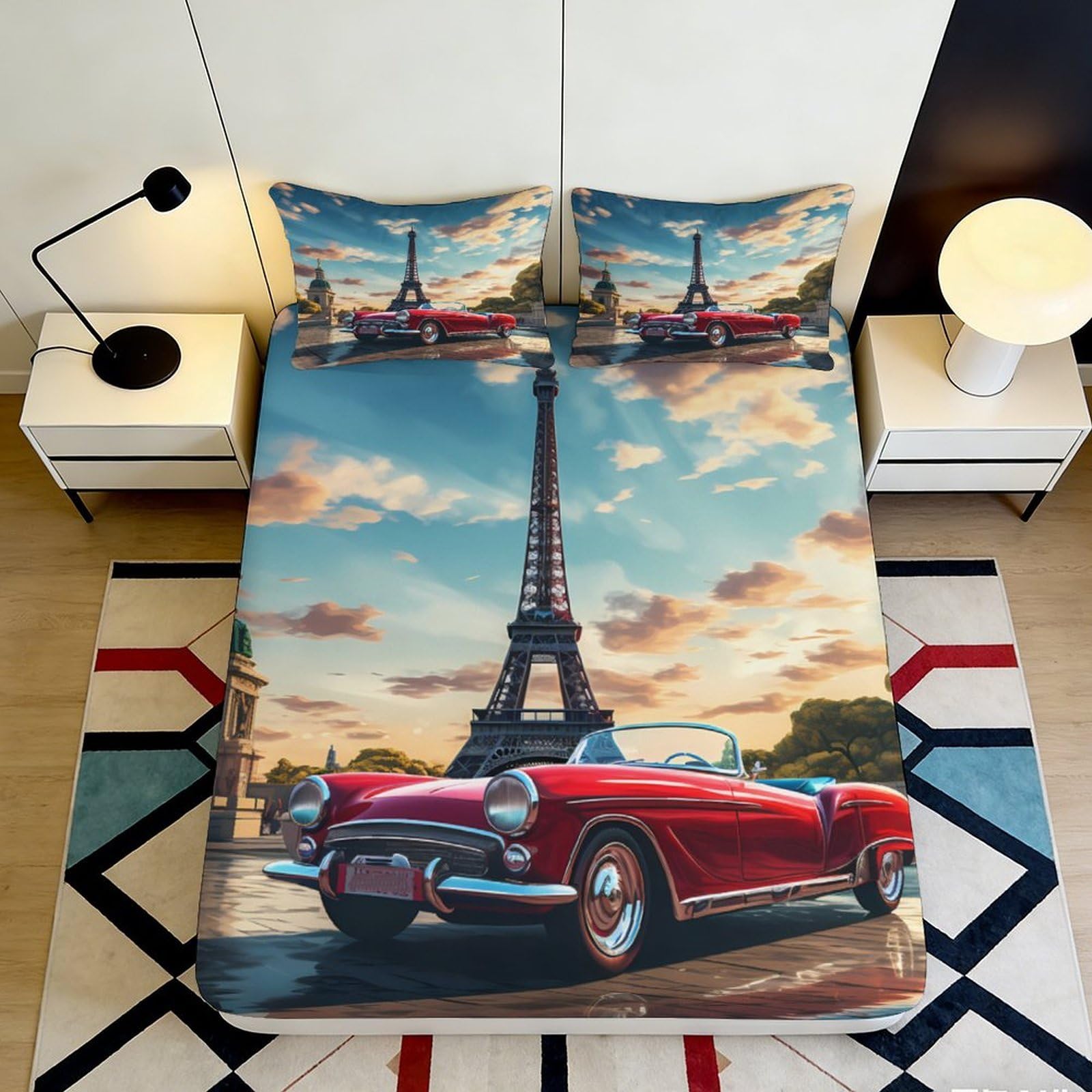 3D Printed Paris Vintage Car Fitted Sheet Microfiber Soft Durable Eiffel Tower Bed Cover for Bedroom Dormitory Guest Room Mattress Protection 140x200x25cm