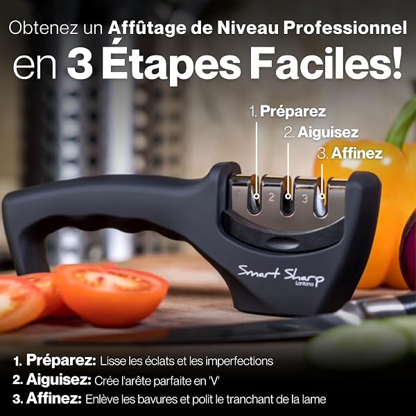 Lantana - Aiguiseur à 3 phases Smart Sharp - pour couteaux de cuisine - résultat professionnel/design ergonomique - pierre céramique/carbure tungstène/diamant - finition noire/chromée - 2