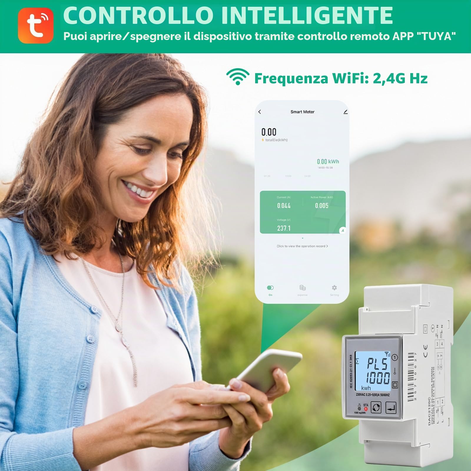 Contatore energia elettrica wifi 80A Tuya misuratore di consumo elettrico AC230V misuratore consumo elettrico monofase digitale LCD 1000 imp/kWh Protezione da sovratensione e sovracorrente DAC2120C