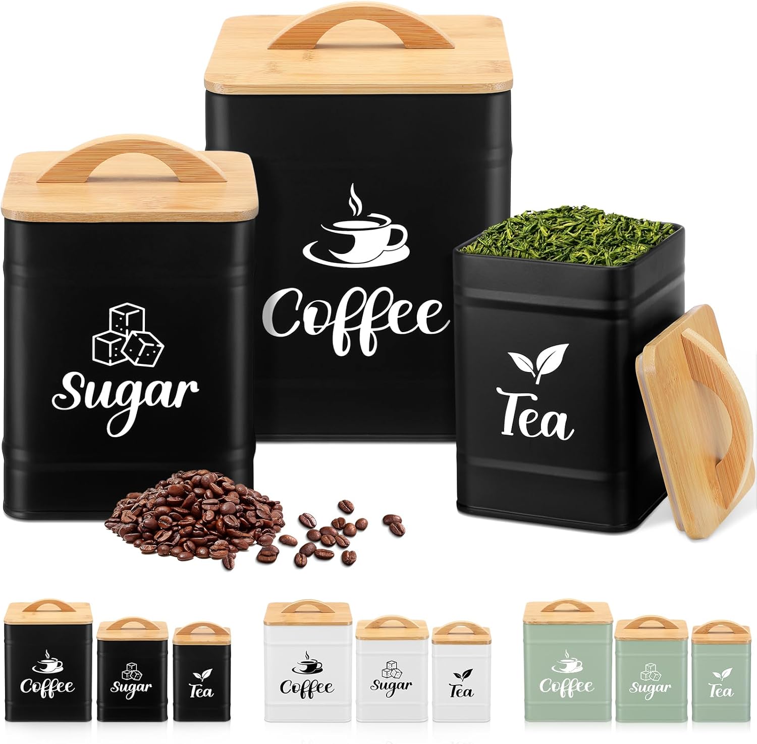 Maxdot 3 Set Coffee Sugar Tea Containers, Square Airtight Kitchen Canisters Storage Ground Organization with Bamboo Lids Rustic Metal Jars for Coffee Bar Beans, Tea Leaves, Food, Countertop(Cream)