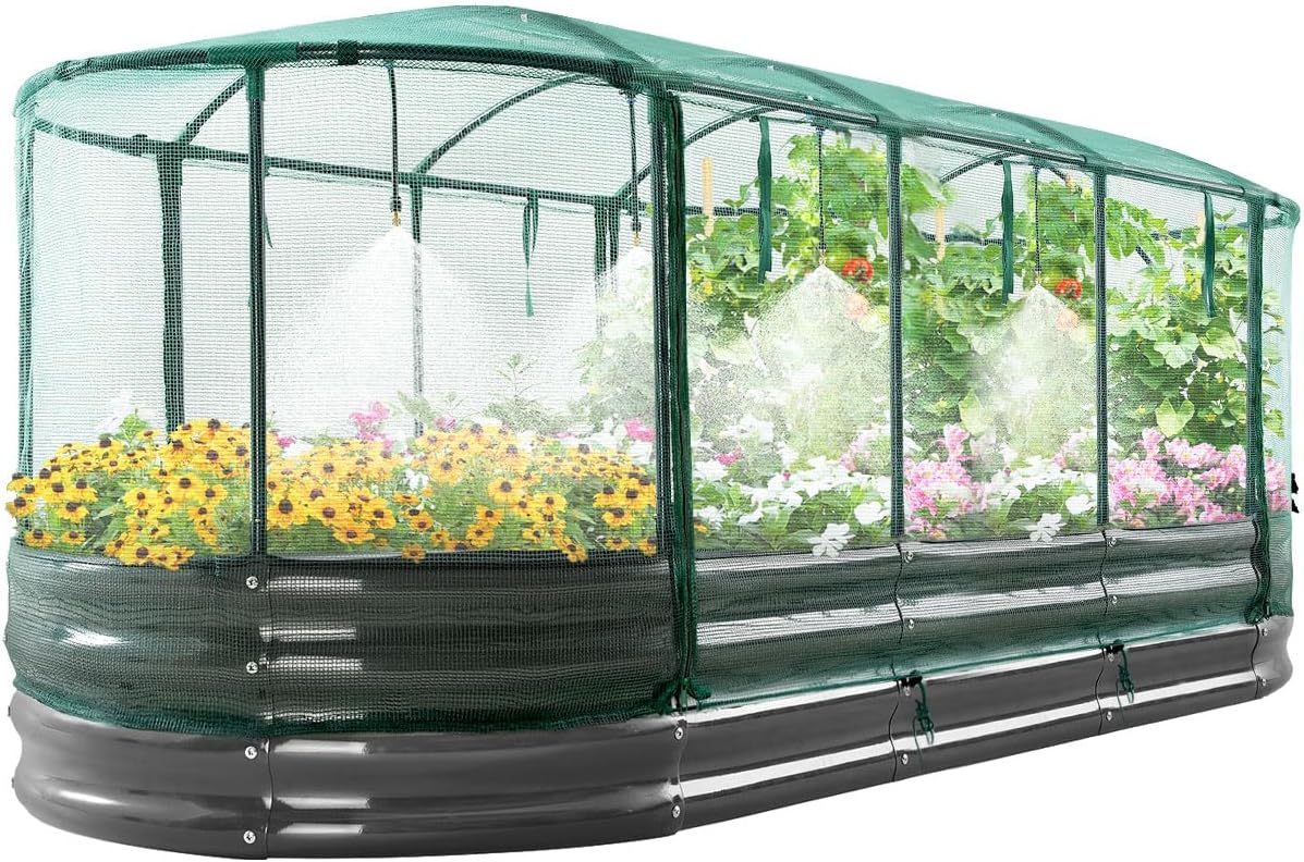 quictent galvanized raised garden bed kit with self watering system and mesh cover, large oval metal outdoor planter garden boxes for vegetables herbs flowers, 8x3x1ft 8x3x1 ft self watering system and mesh cover