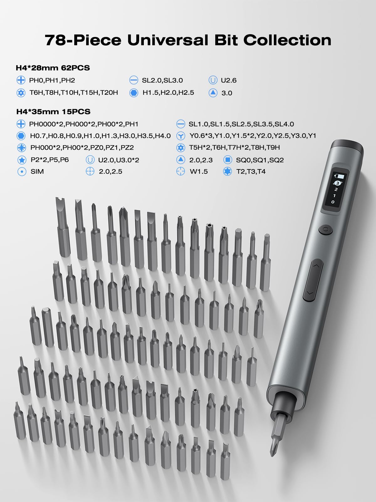 Juego de mini destornilladores eléctricos 90 en 1, destornillador eléctrico inalámbrico de precisión con 78 puntas magnéticas S2, par de 3 engranajes (hasta 0,55 N.m), 500 mAh, luz LED, kit de