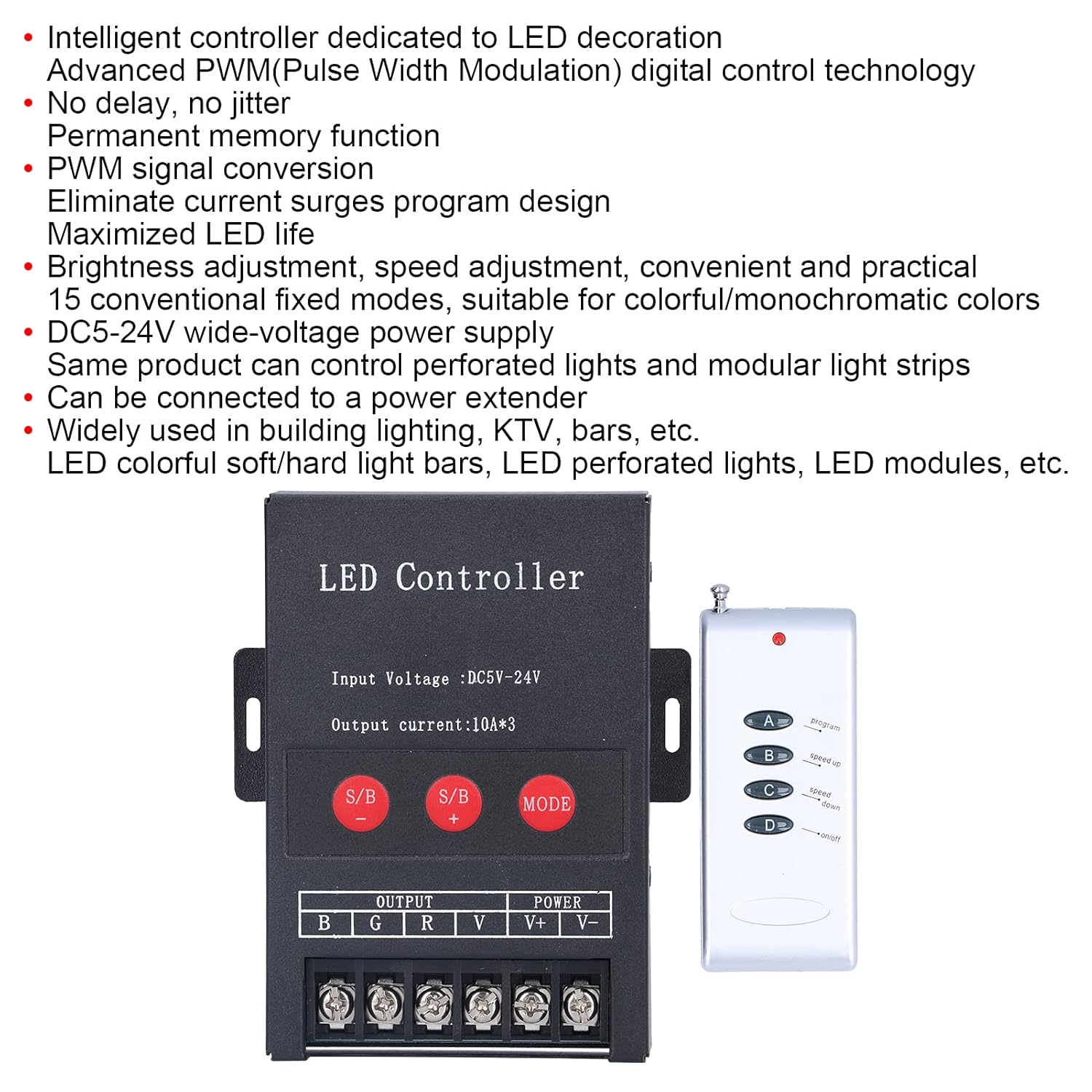 Hilitand 5V‑12V‑24V RGB LED Controller, PWM Digital LED Controller for Colorful Strip Light Project with Remote Control