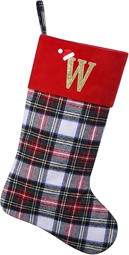 Calcetines de Navidad personalizados con monograma inicial, adornos colgantes, medias clásicas de cuadros rojos de 19 pulgadas, decoraciones de