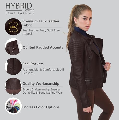 Olivia Miller Womens Faux Leather Moto Biker Jacket with pockets