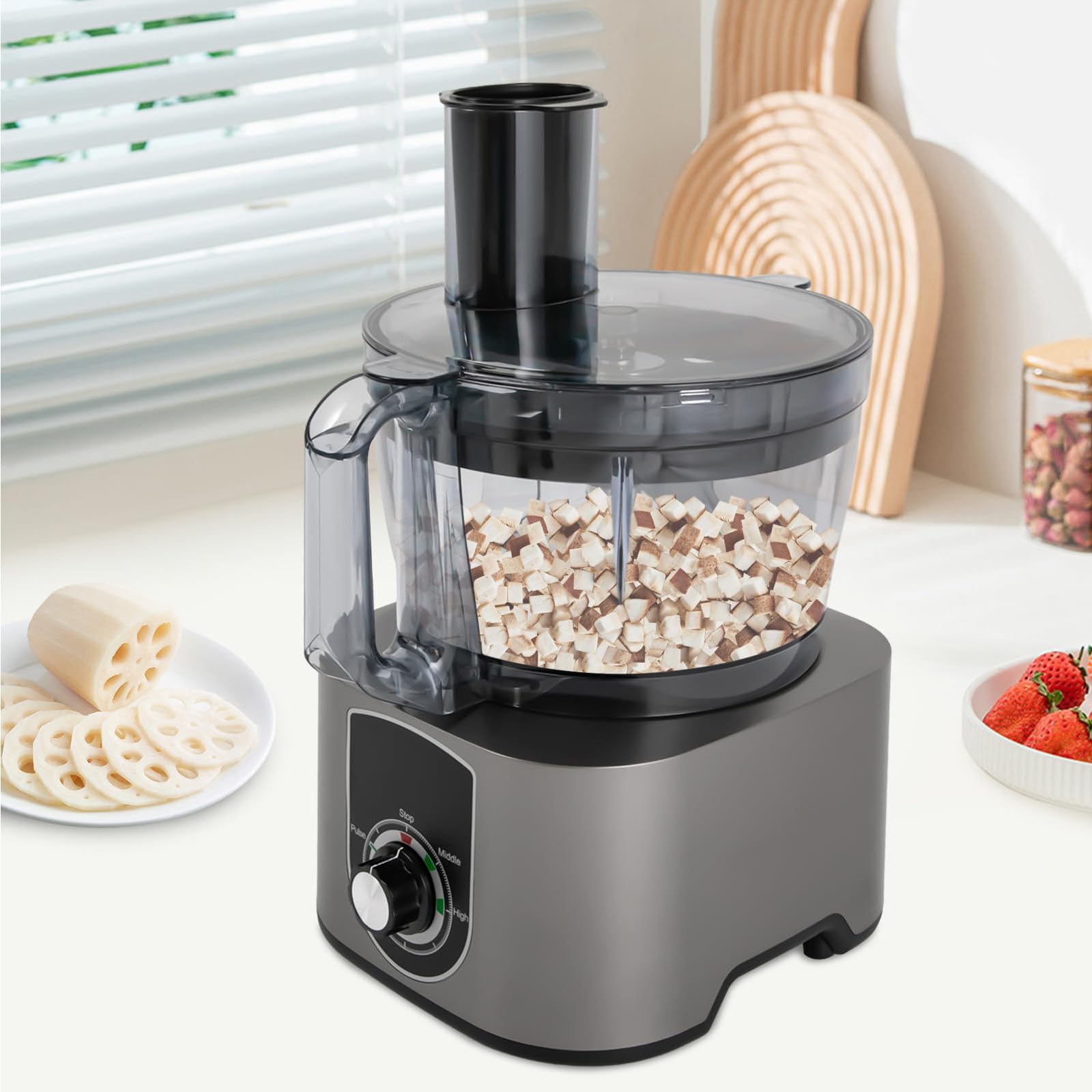 Cortadora y picadora eléctrica automática de alimentos, 5 L, máquina de corte de verduras y frutas con 3 cuchillas para cortar y rebanar, uso comercial y doméstico