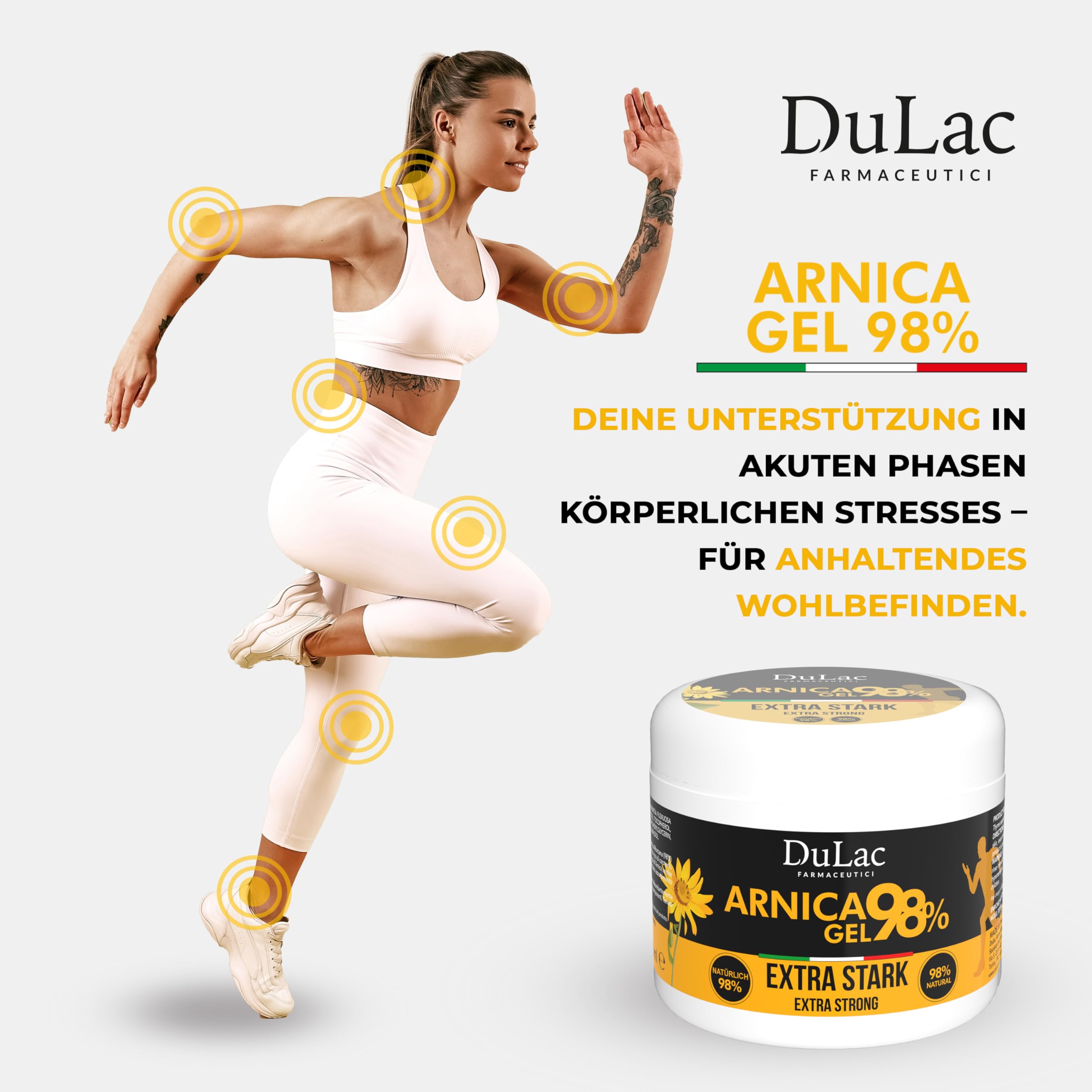 Dulac – Arnika Gel 98% Kühleffekt, 500 ml, Arnika Pferdegel Für Mensch Extra Stark, Lindert Müde Muskeln und Gelenke, Beruhigend und Entspannend, Mit Buriti-Öl, Thymian, Menthol, Made in Italy