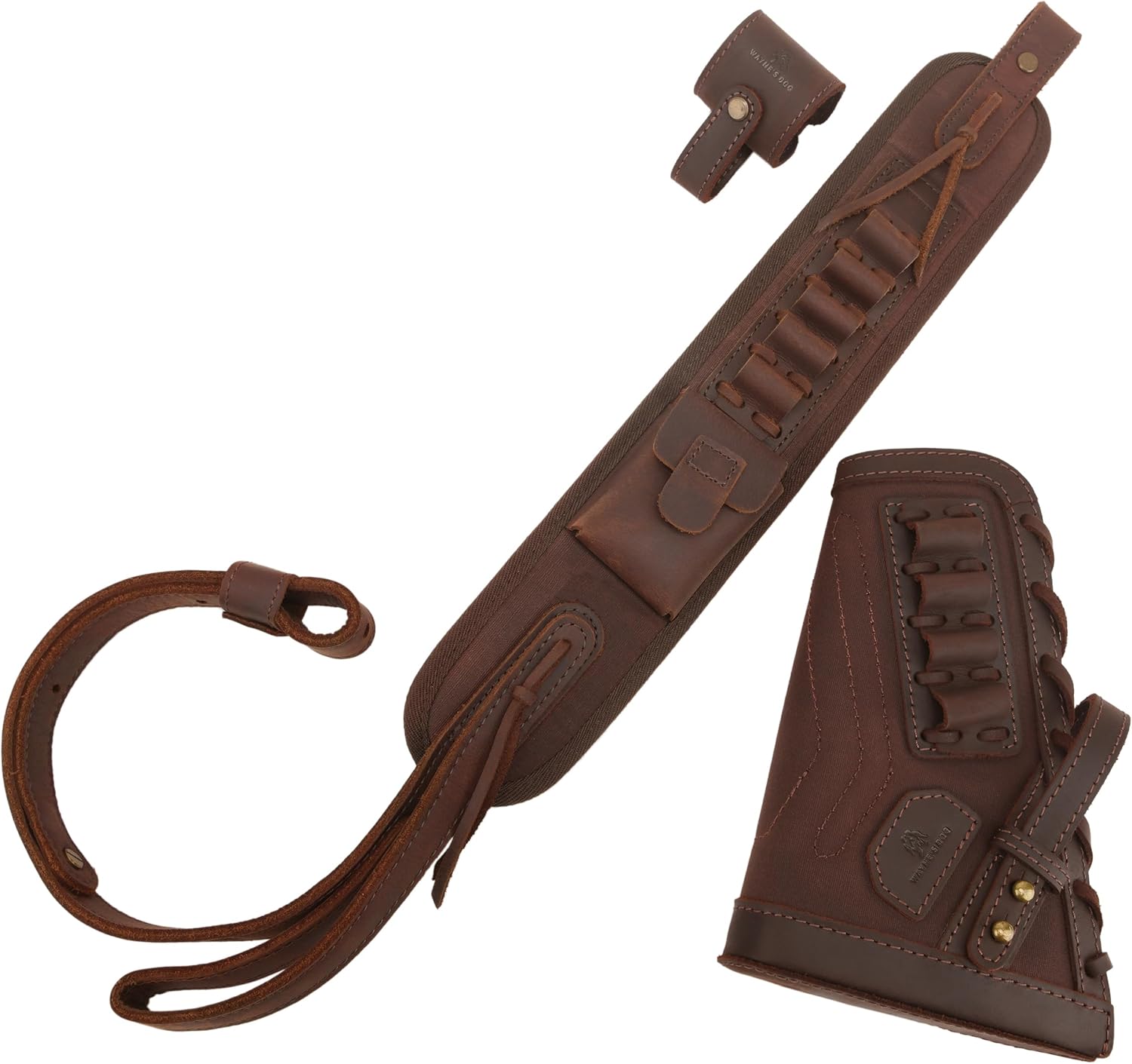 WAYNE'S DOG No Drill Leather Gun Sling Loop Mount with Rifle Cheek Rest Shell Holder for .357 30-30 45-70 12GA