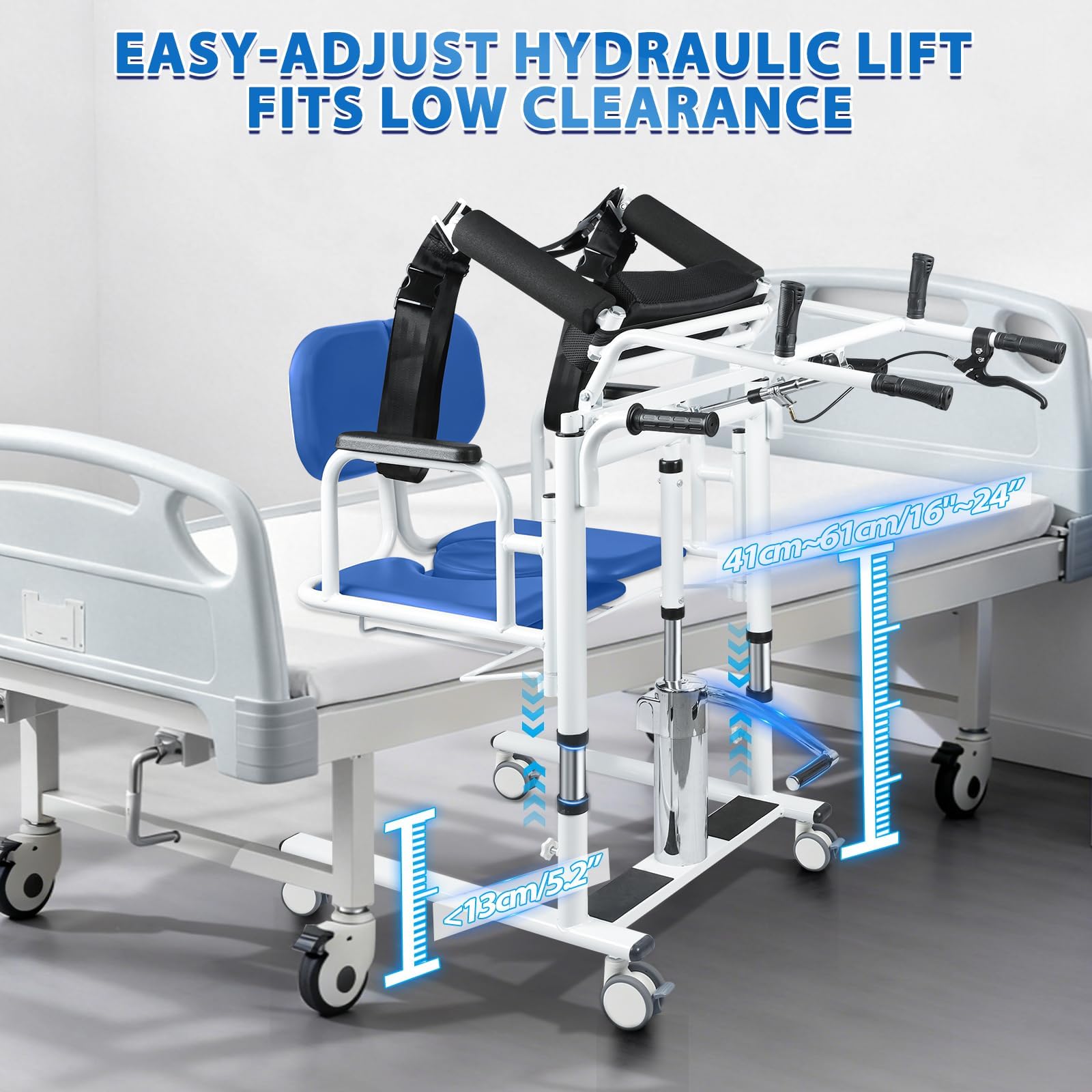 Hydrauliczny podnośnik dla pacjentów z wiadrem toaletowym i tacą – podnośnik pacjentów do domu, podzielone siedzisko 180°, regulacja wysokości 41-65 cm, 4 ciche kółka z hamulcem, do 200 kg