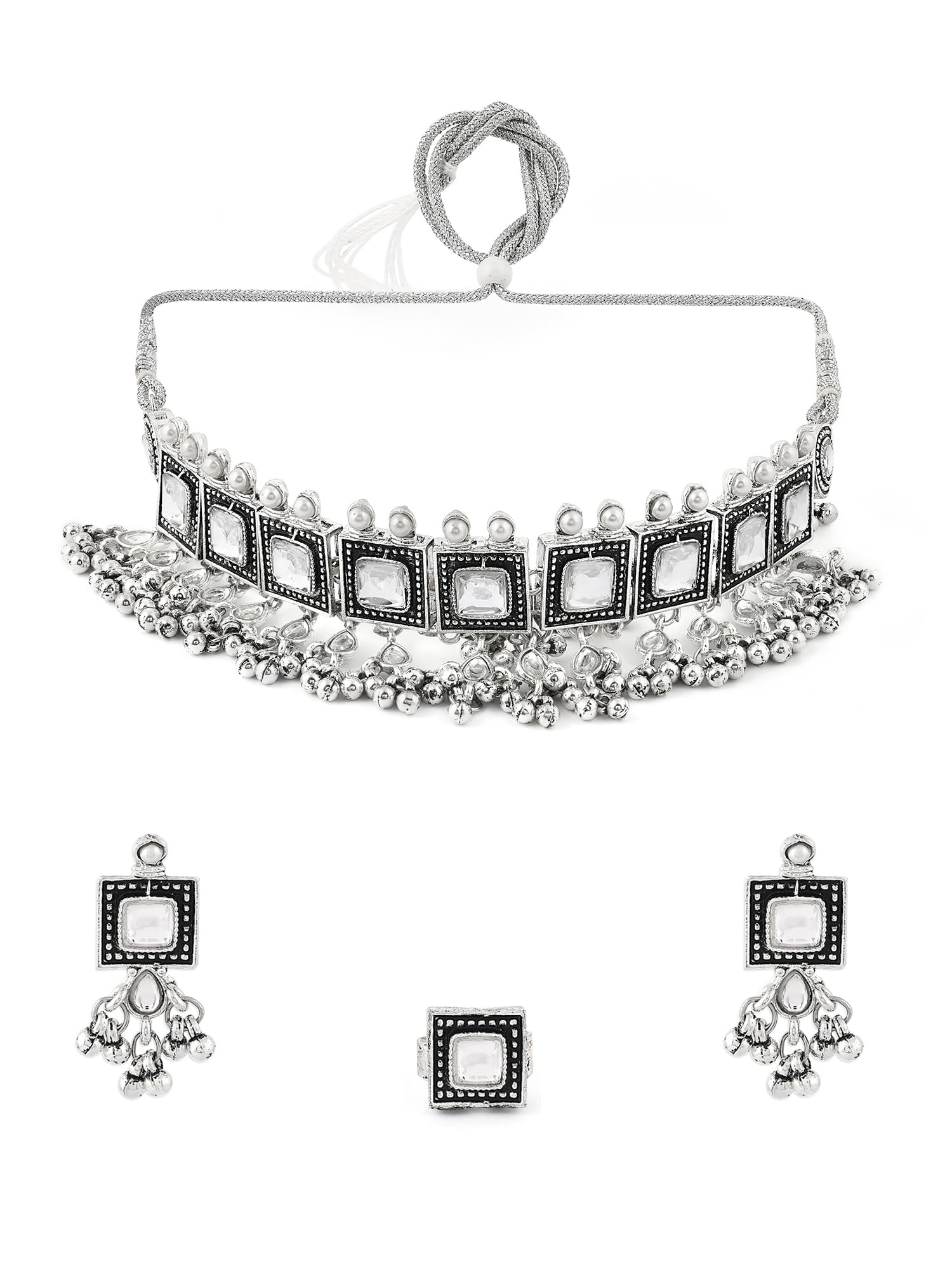 ZAVERI PEARLS Silver Tone Oxidised Kundan Stone & Beads Choker Necklace Earring & Ring Set For Women-ZPFK16652 (B0CKHYJYDH) Amazon Price History, Amazon Price Tracker
