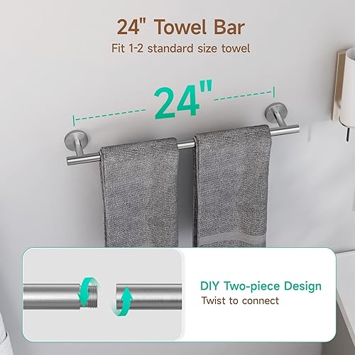 USHOWER Matte Black Bathroom Hardware Set, Modern 24-Inch Towel Bar Set Wall Mounted, Durable SUS304 Stainless Steel Bathroom Accessories Set, 4-Piece(Brushed Nickel,24 Inch)
