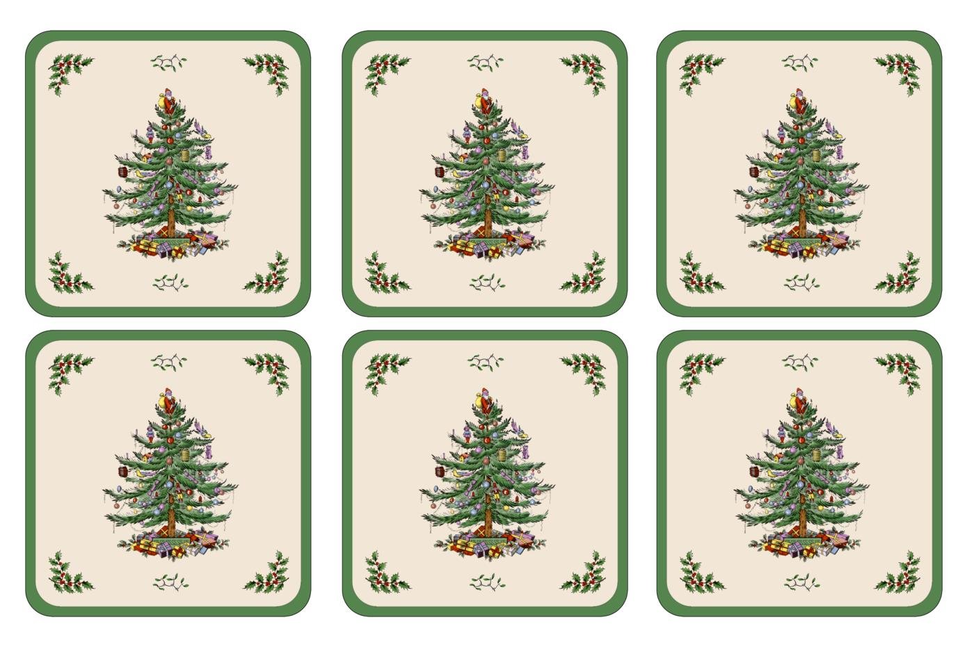 Christmas Tree Cork Back Coaster Set - (4" x 4") Seasonal Holiday Table Decor, MDF Board Exclusive Art Print 5mm Thickness Heat Resistant Stain Guard Festive Dining Room Accent