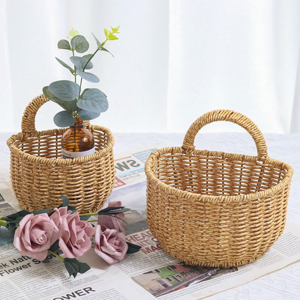 Rattan Wall Hanging Baskets Large Organizer Pantry Storage Bin Imitation Wicker Shelves for Kitchen Flower Decor Home Decor