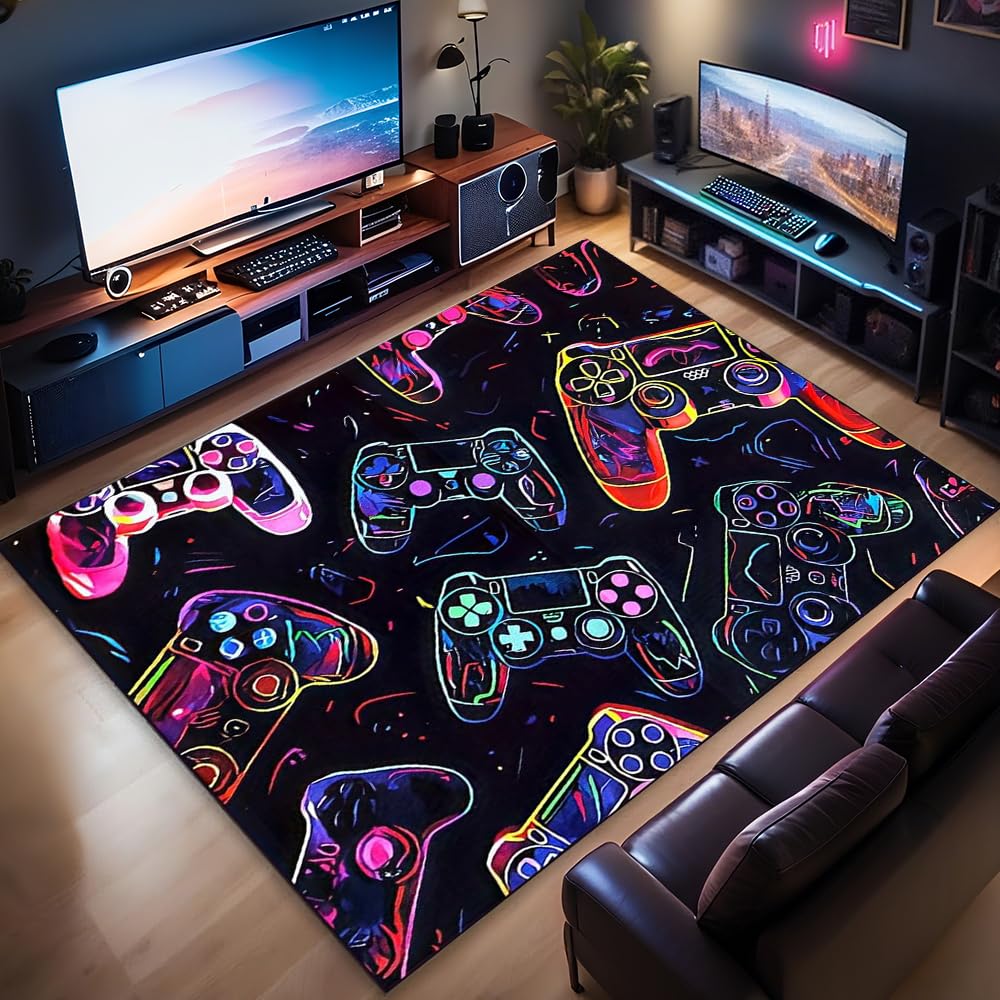Gaming-Teppich für Jungen-Schlafzimmer, 120 x 160 cm, Gamer-Teppich, bunter Jungen-Schlafzimmer-Teppich, Spiel-Controller-Teppiche für Spielzimmer, Spielzimmer, Heimdekoration, rutschfester