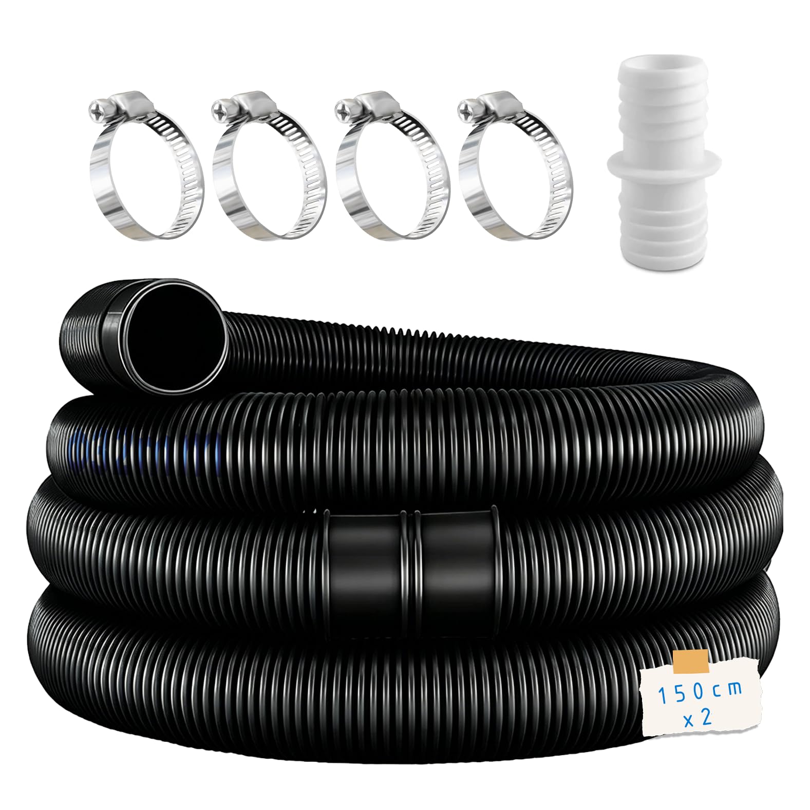 2pcs tuyaux de piscine de 32 mm pour pompes de piscine avec 4 clips de sécurité et 1 raccord de tuyau, idéal pour les pompes de filtre, les nettoyeurs de piscine, les chauffages de piscine noir